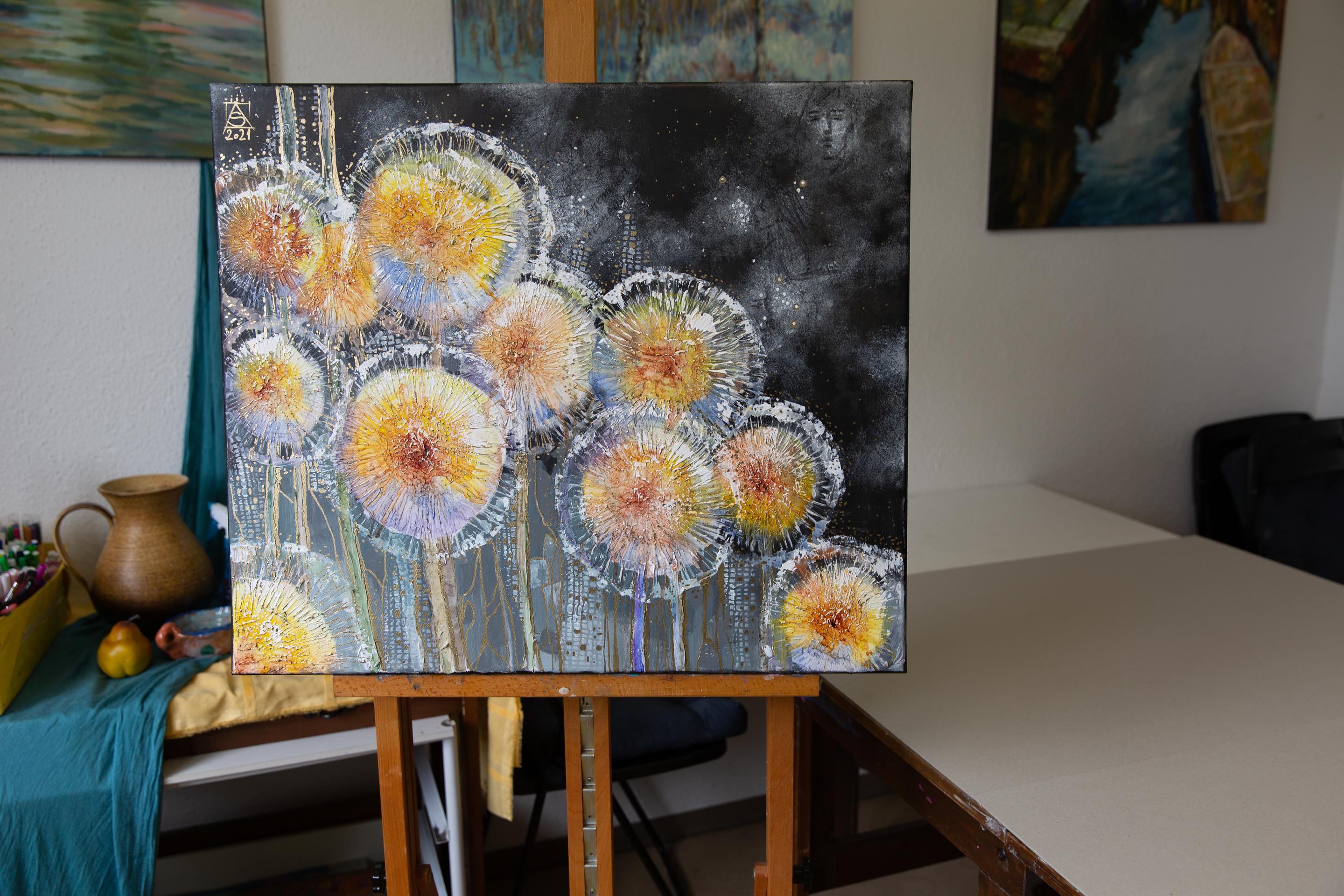 Abend. Semi-abstraktisch, horizontal, Blumen, schwarz, Acryl (Abstrakt), Painting, von Anna Shesterikova