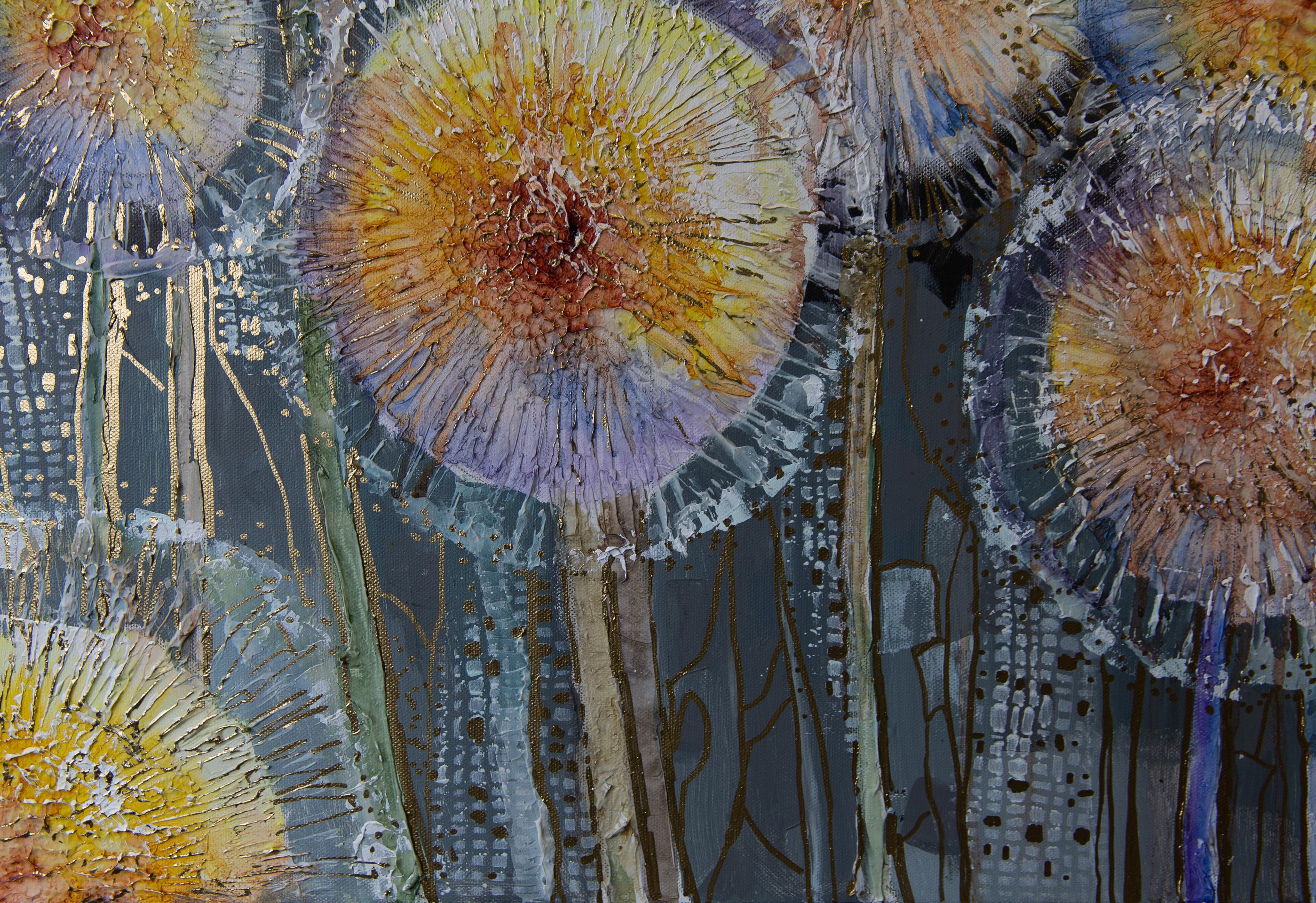 Abend. Semi-abstraktisch, horizontal, Blumen, schwarz, Acryl im Angebot 1