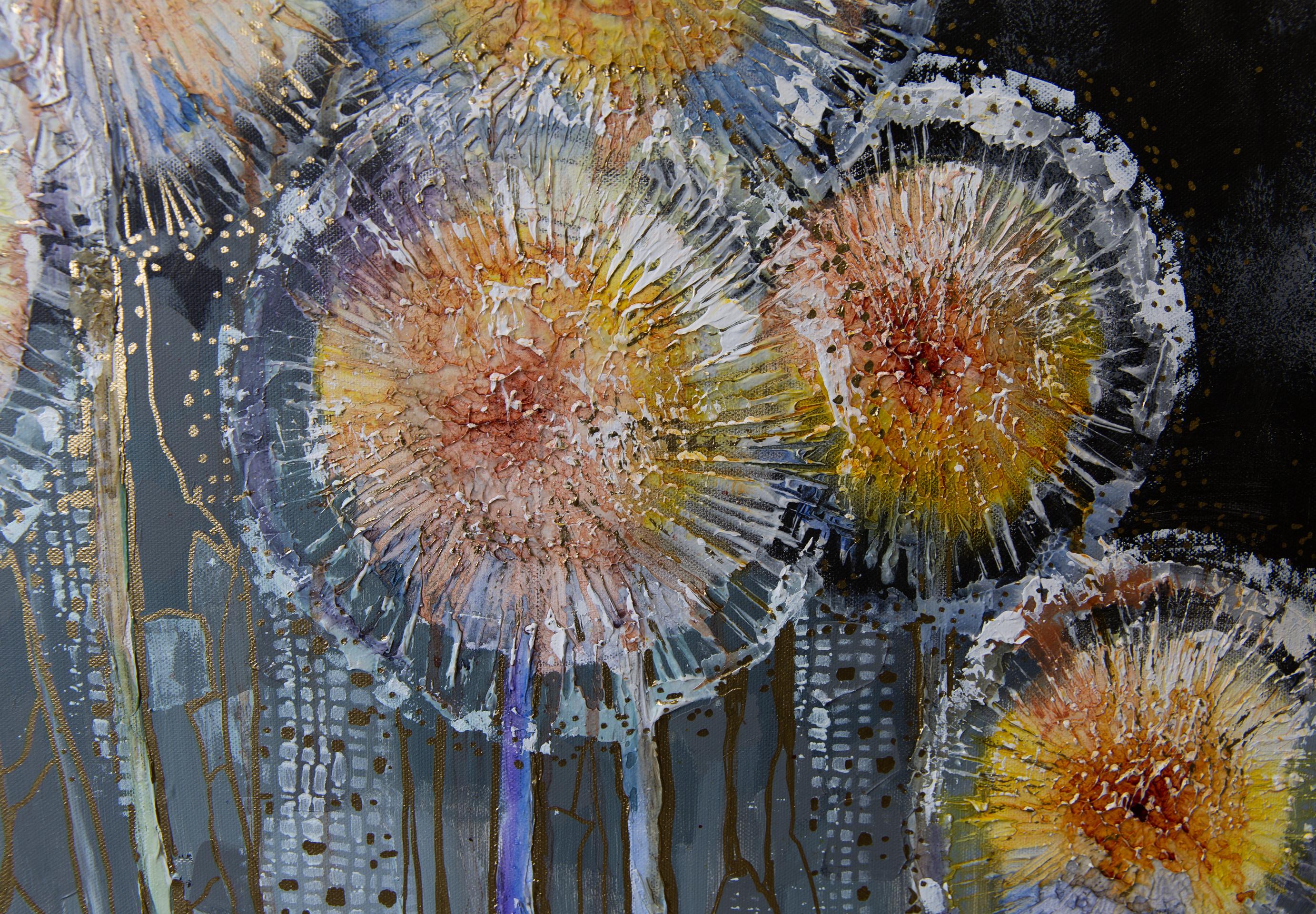 Abend. Semi-abstraktisch, horizontal, Blumen, schwarz, Acryl im Angebot 2