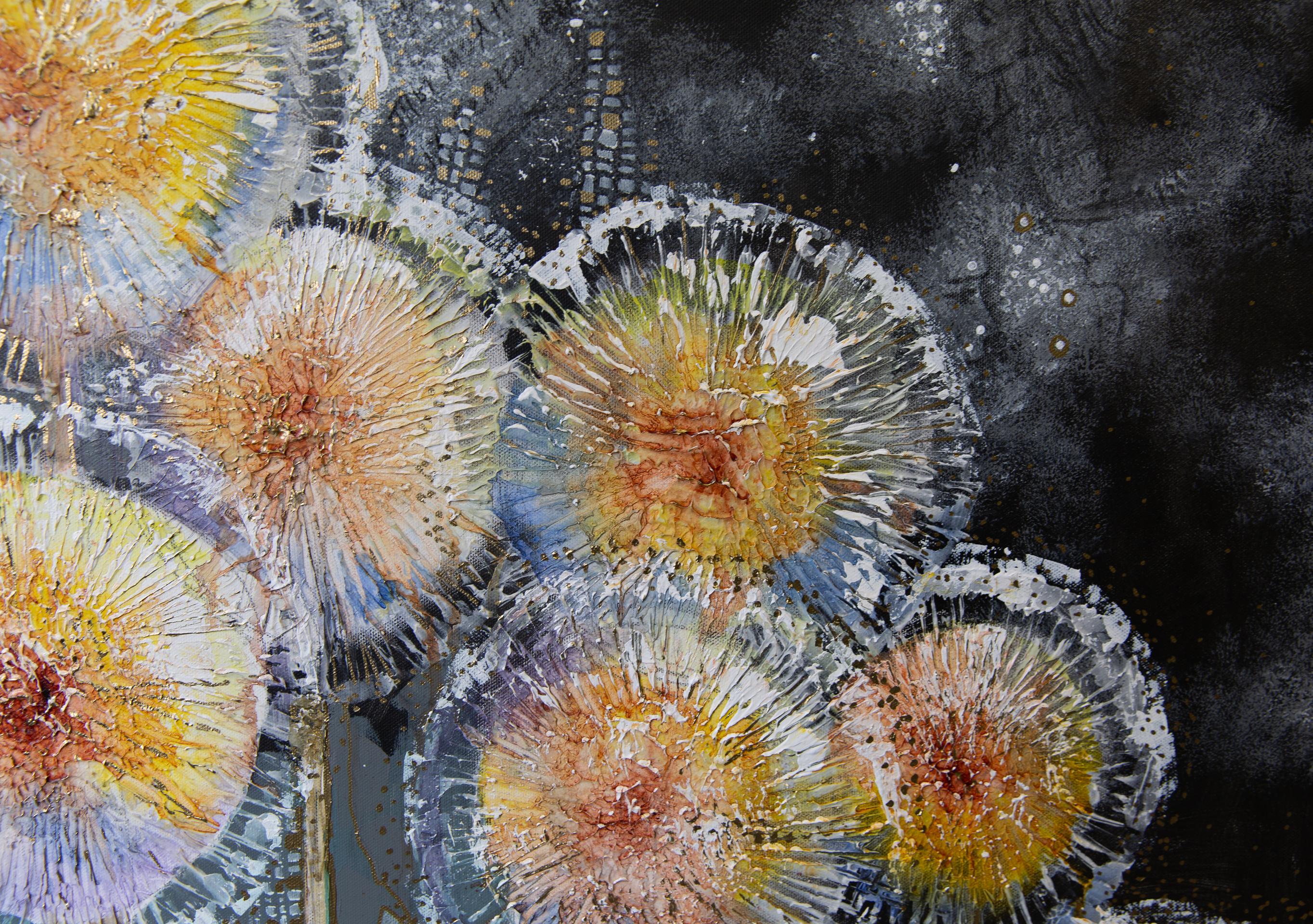 Abend. Semi-abstraktisch, horizontal, Blumen, schwarz, Acryl im Angebot 3