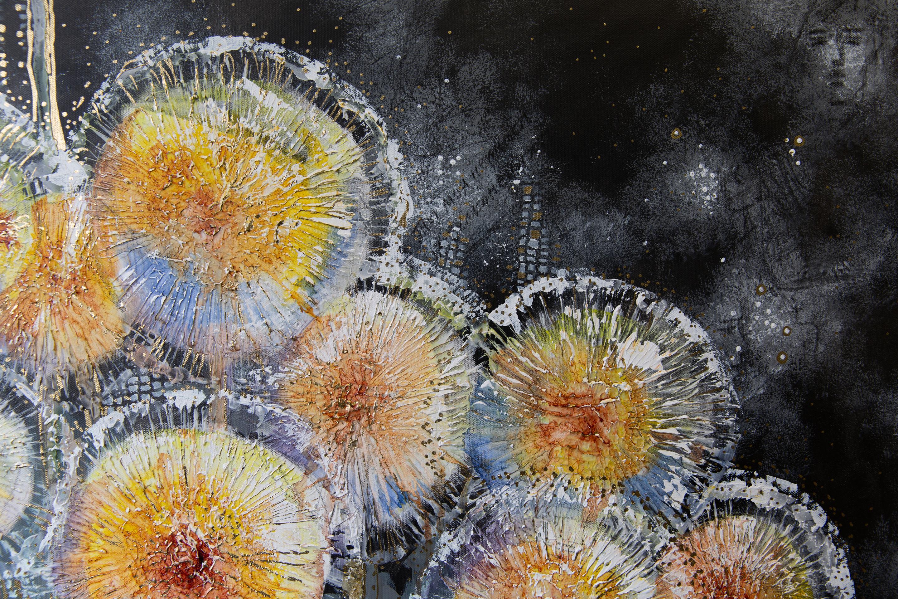 Abend. Semi-abstraktisch, horizontal, Blumen, schwarz, Acryl im Angebot 4