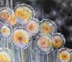 Evening. Semi-abstract, horizontal, flowers, black, acrylic