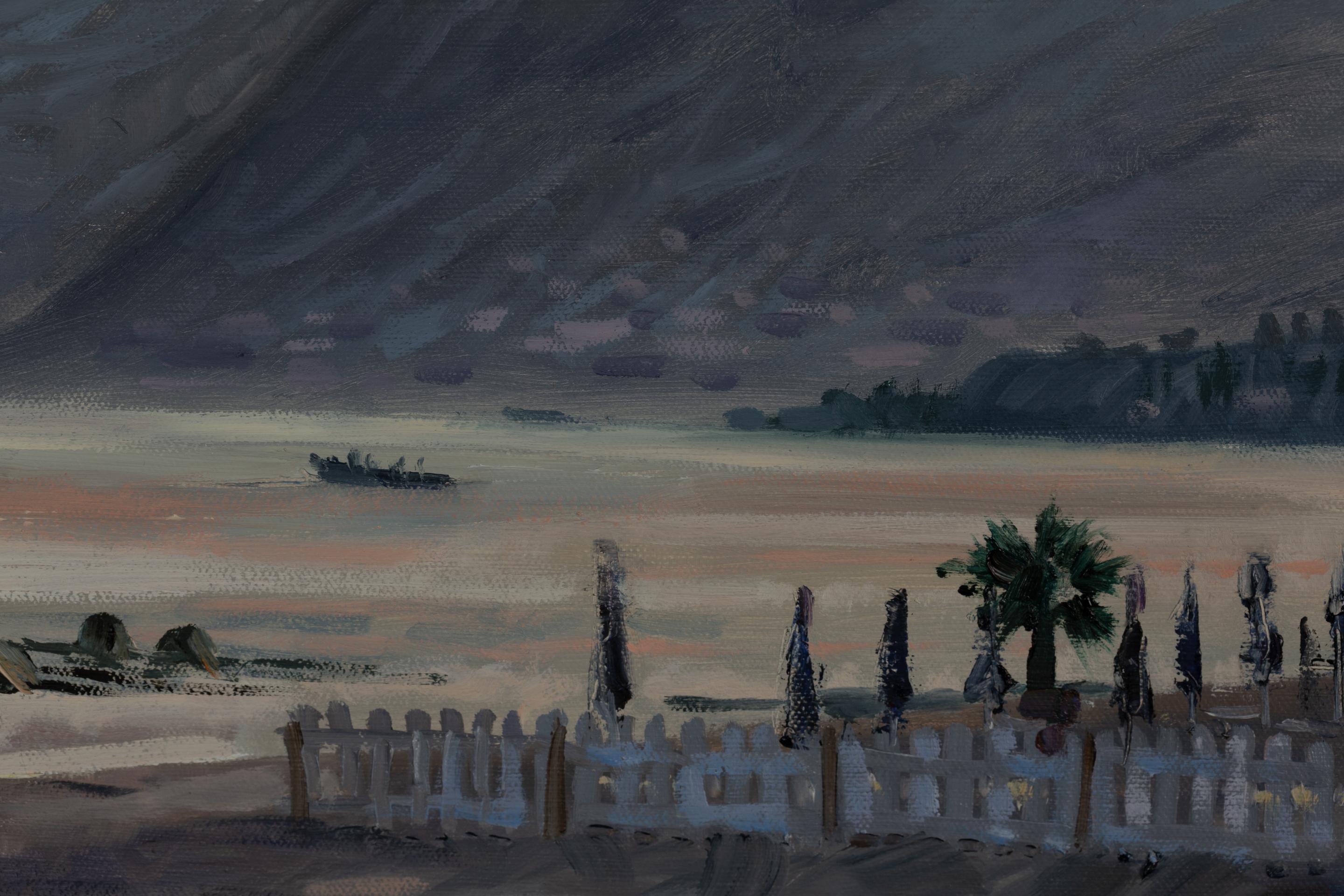 Evening Walk Ventimiglia. Sunset, seascape in oil, Italy, sea, mountains, beach For Sale 11