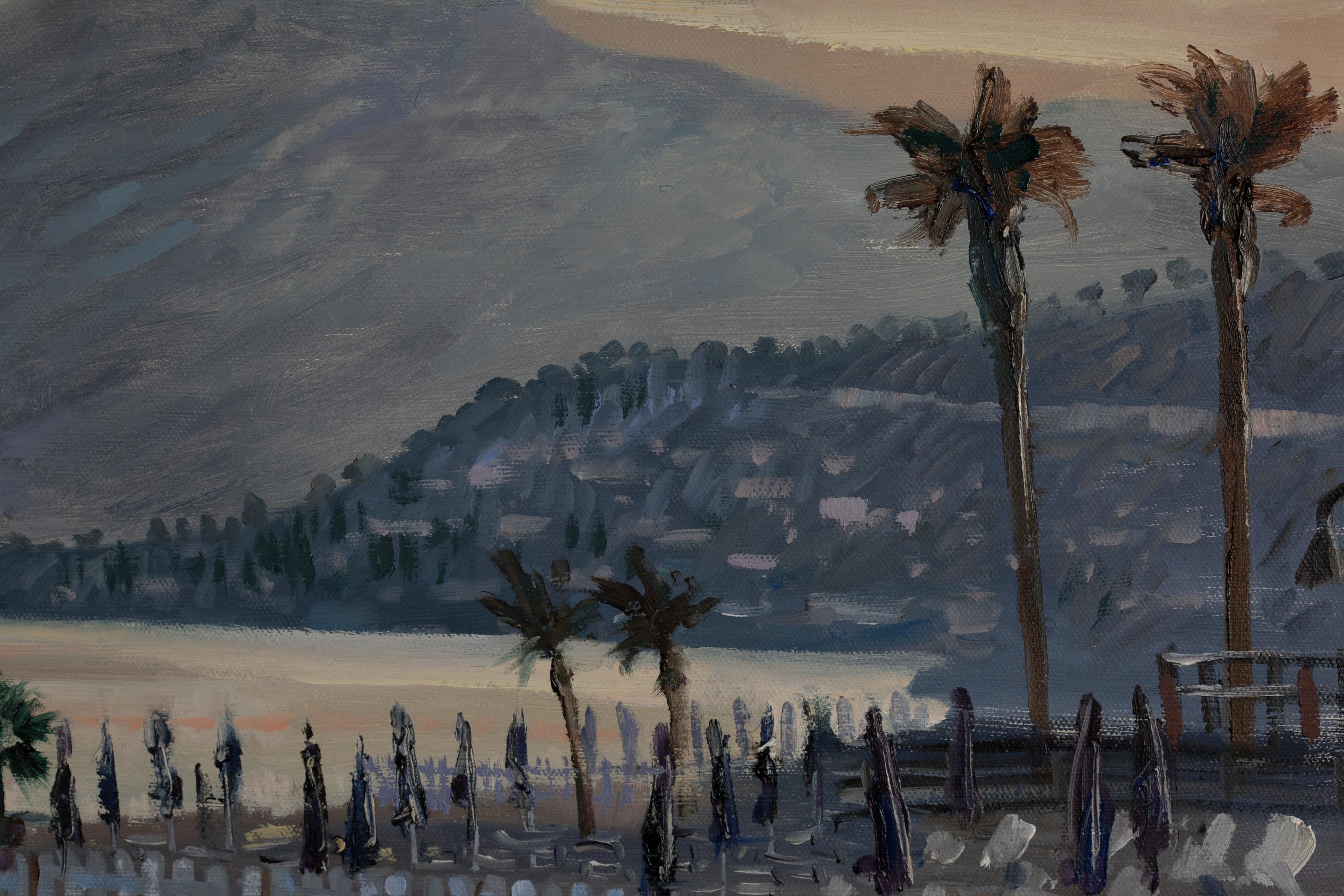 Evening Walk Ventimiglia. Sunset, seascape in oil, Italy, sea, mountains, beach For Sale 12
