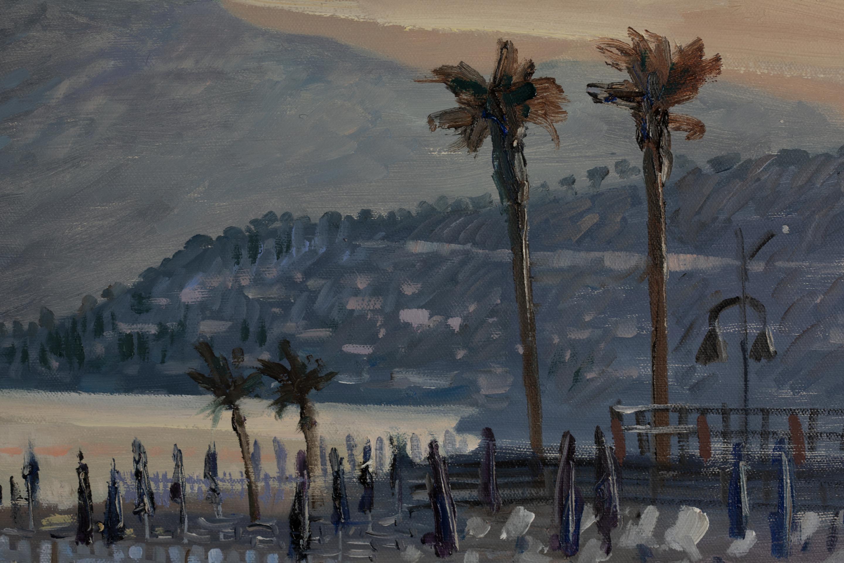 Evening Walk Ventimiglia. Sunset, seascape in oil, Italy, sea, mountains, beach For Sale 13