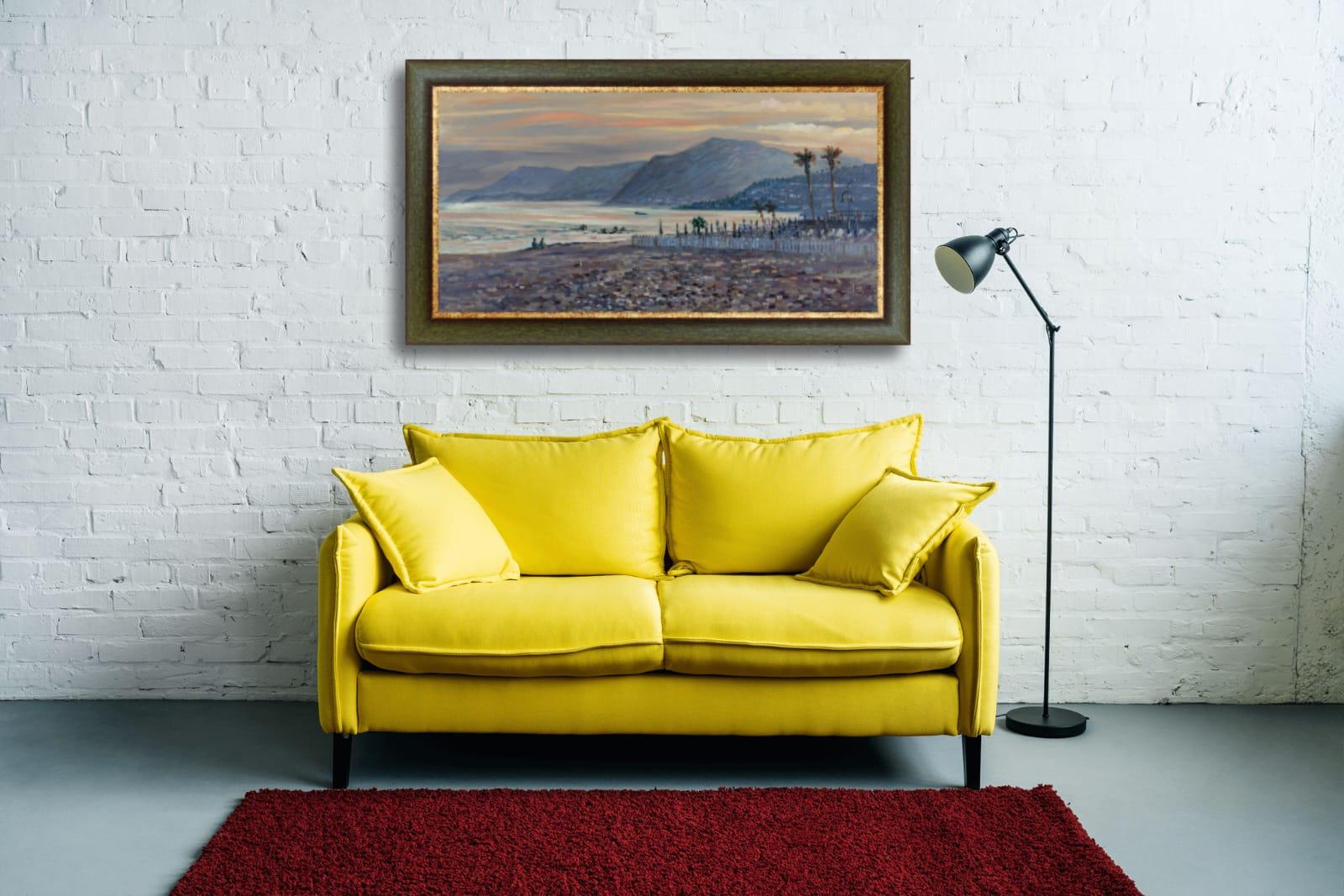 Evening Walk Ventimiglia. Sunset, seascape in oil, Italy, sea, mountains, beach - Gray Landscape Painting by Anna Shesterikova