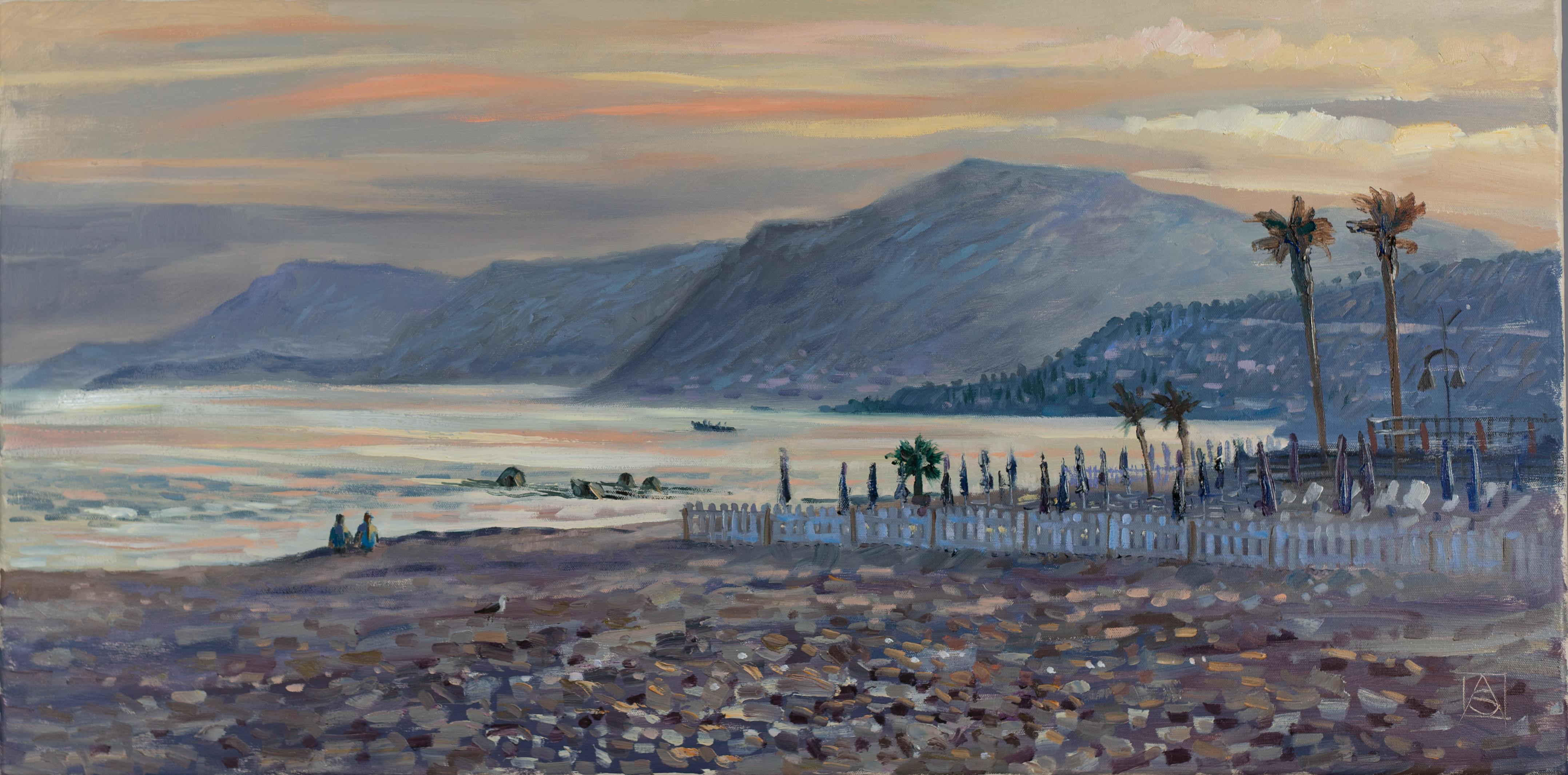 Anna Shesterikova Landscape Painting - Evening Walk Ventimiglia. Sunset, seascape in oil, Italy, sea, mountains, beach