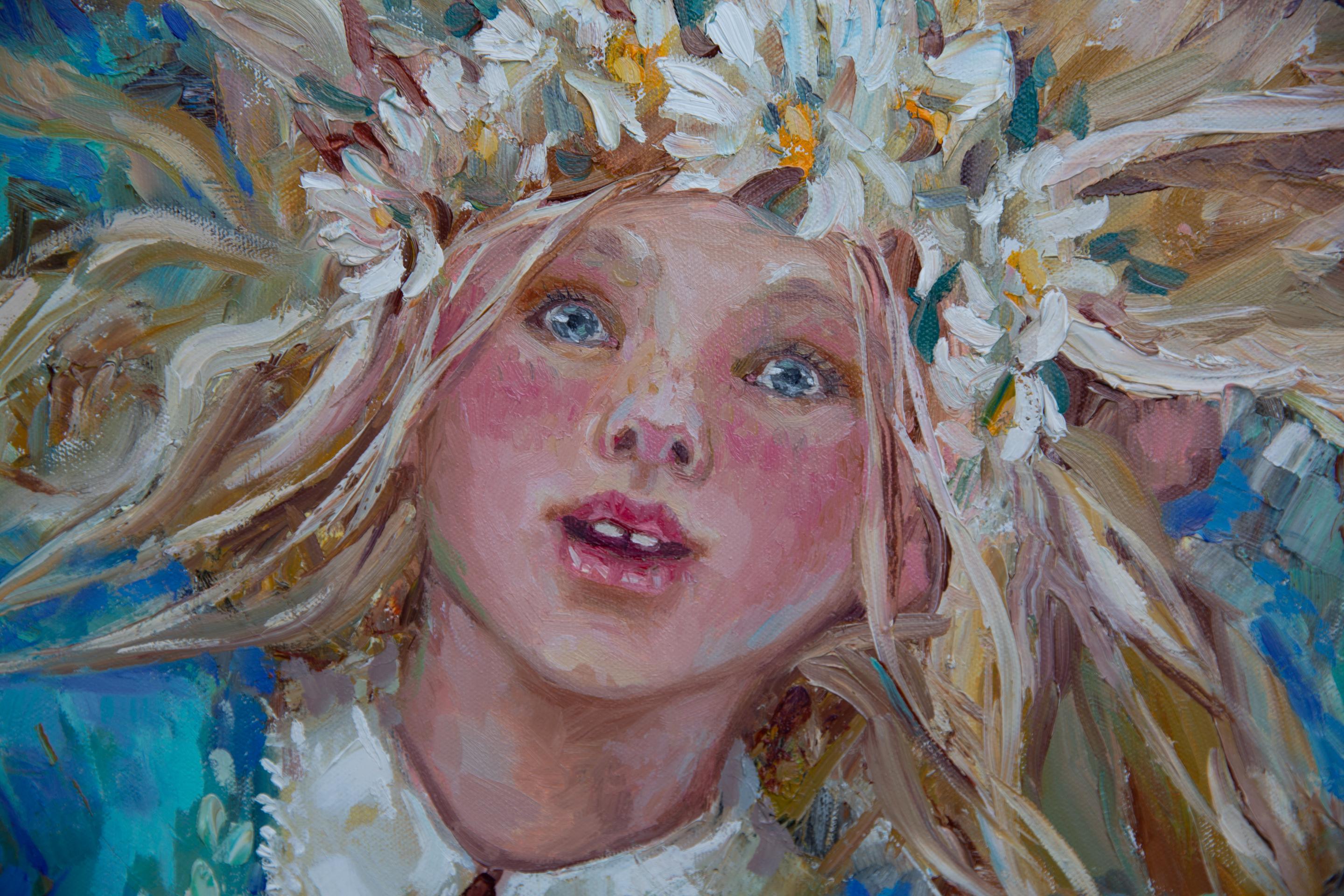 Caer en el cielo. Cuadrado, figurativo, niña, óleo, impresionismo - Painting Posimpresionista de Anna Shesterikova