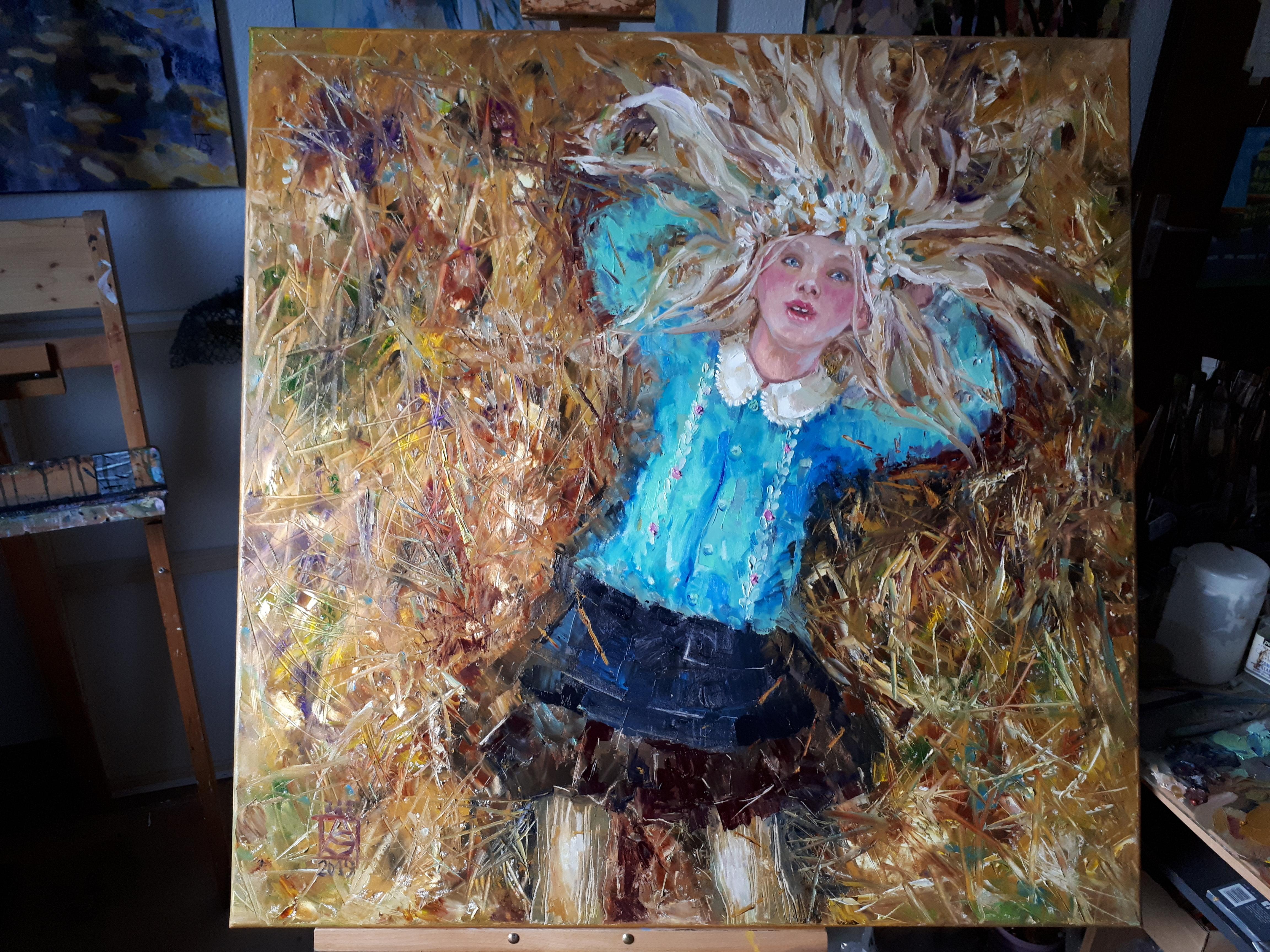 Caer en el cielo. Cuadrado, figurativo, niña, óleo, impresionismo en venta 3