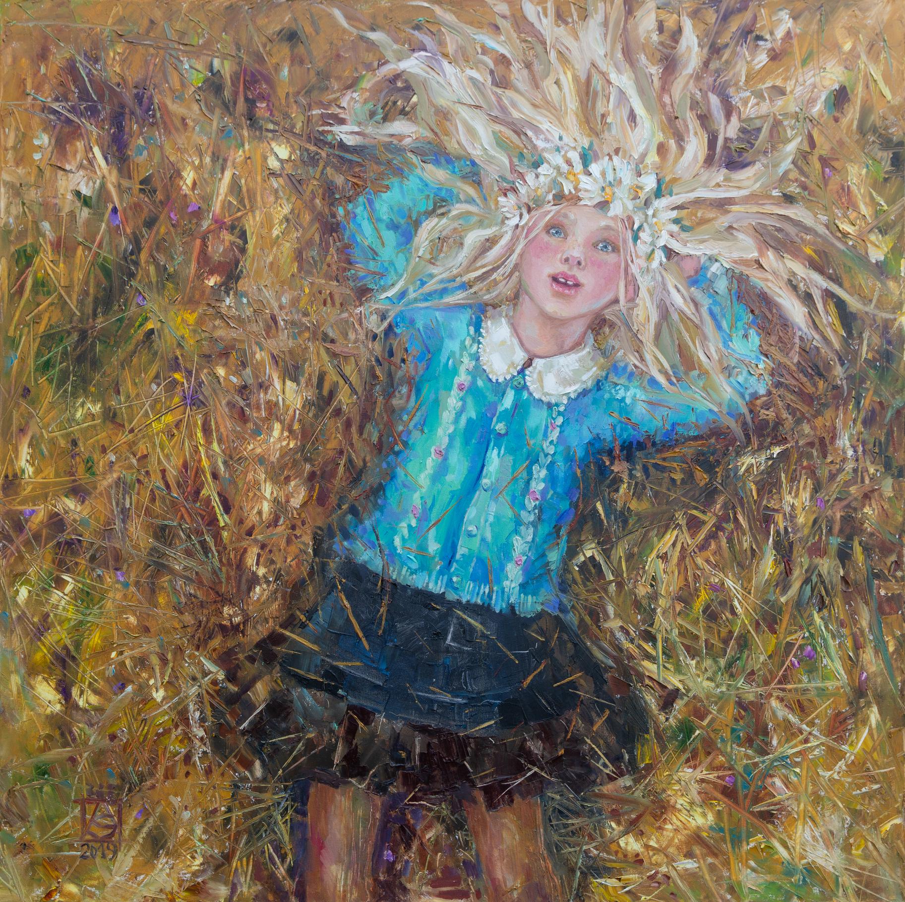 Figurative Painting de Anna Shesterikova - Caer en el cielo. Cuadrado, figurativo, niña, óleo, impresionismo