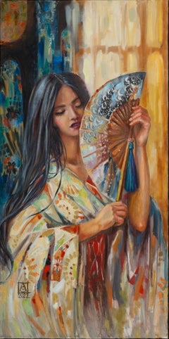 Fan. Portrait of a girl, impressionism, Japandi, Japan