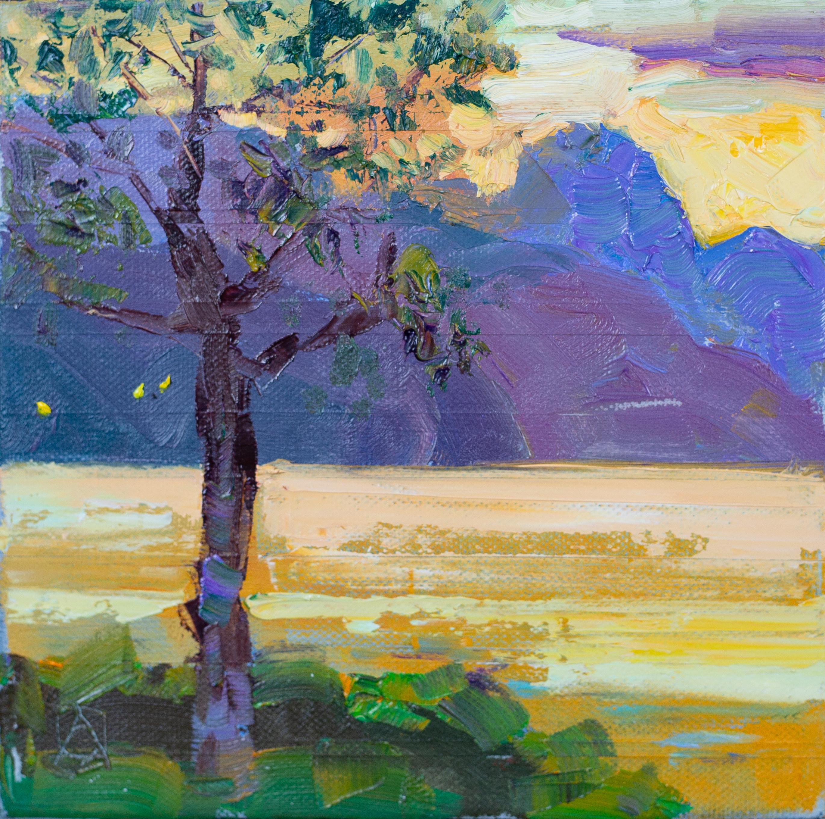 Anna Shesterikova Landscape Painting - First Lights. Sunset, landscape, lake, mountains, impressionism, small square
