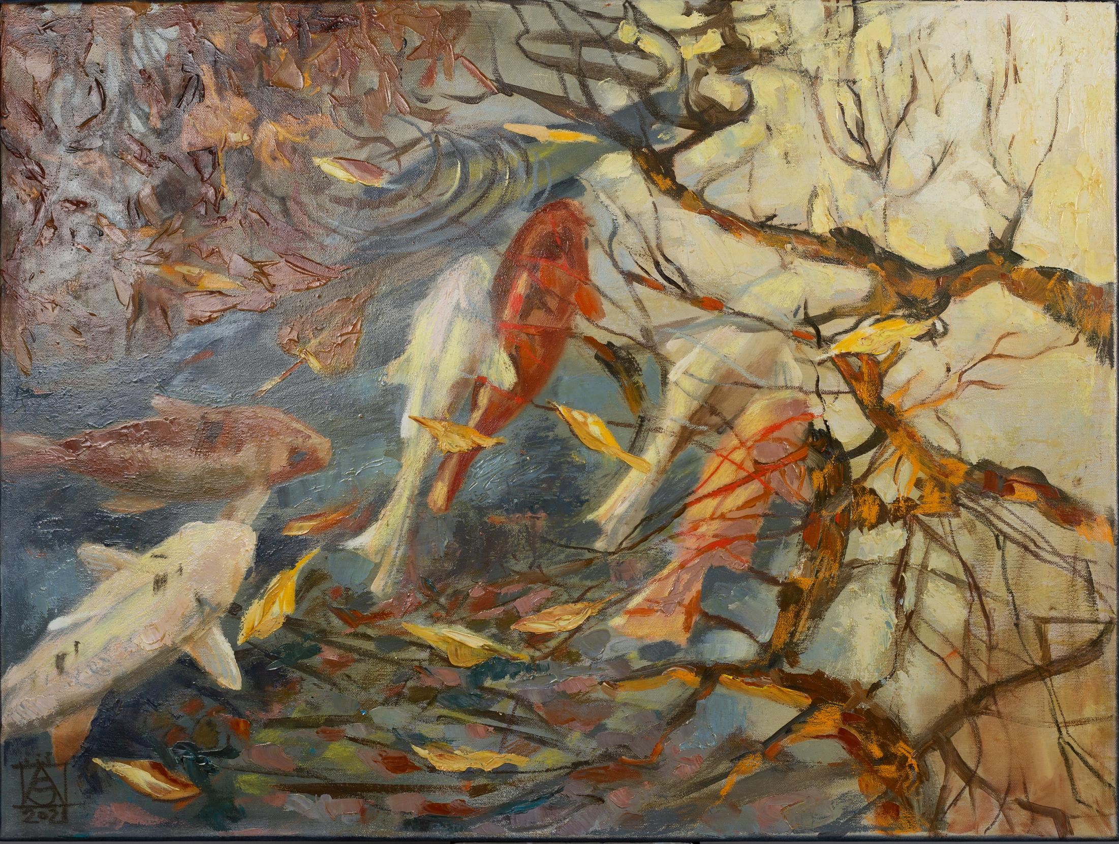 Anna Shesterikova Landscape Painting - Fish from China Garden. Landscape, fish, water, autumn, leaves, carp