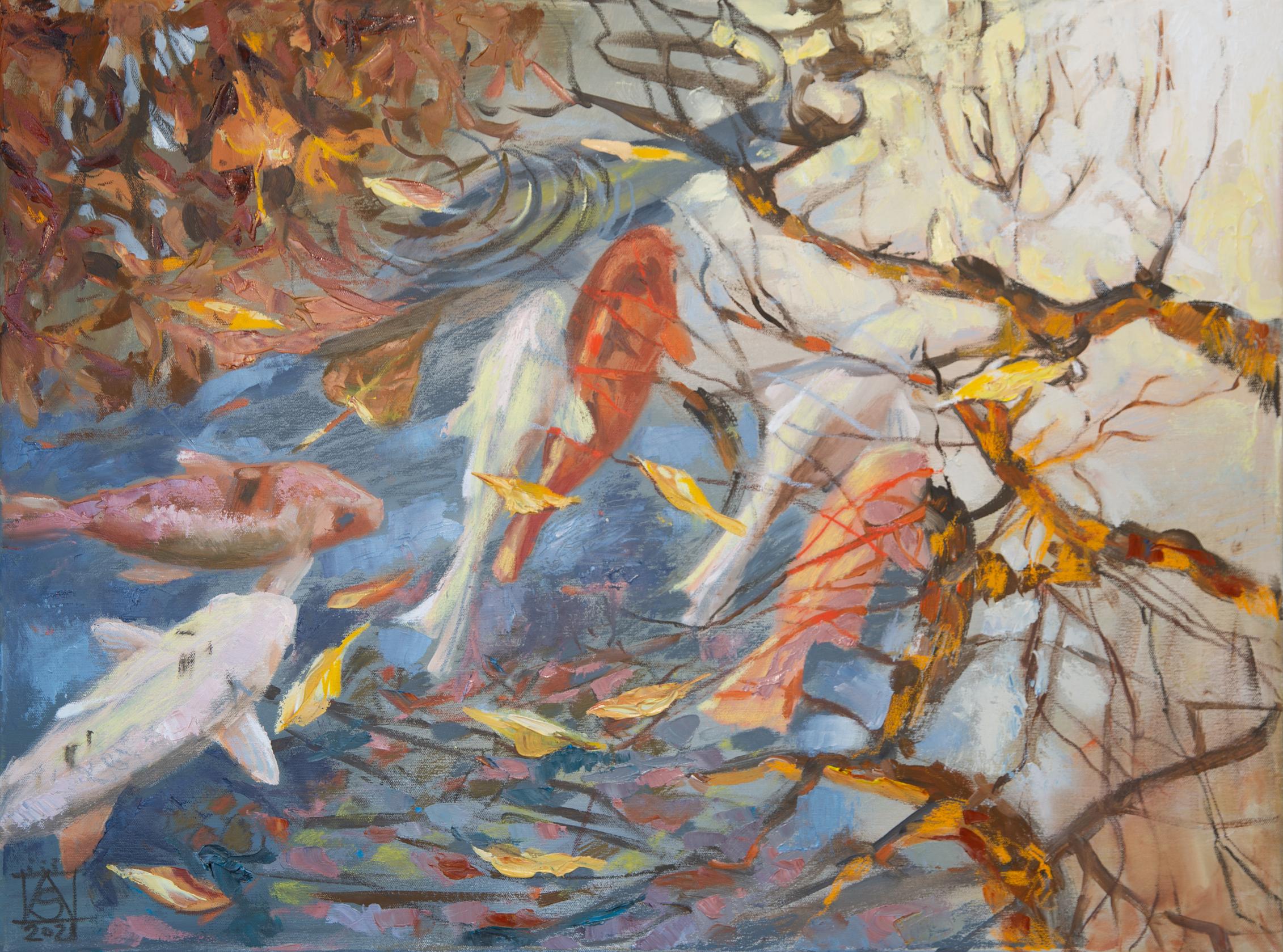 Animal Painting de Anna Shesterikova - Peces en Chinagarten. Paisaje, lago, agua, horizontal