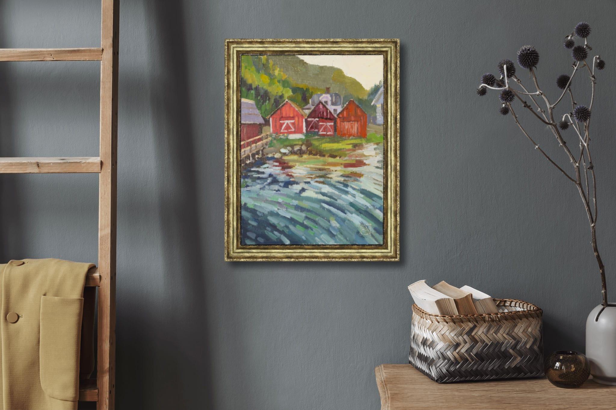 Capannoni per pescatori. Norvegia. Impressionismo, rosso, fiordo, acqua, Nature, costa - Painting di Anna Shesterikova