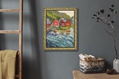 Fishermen's Sheds. Norway. Impressionism, red, fjord, water, nature, coast
