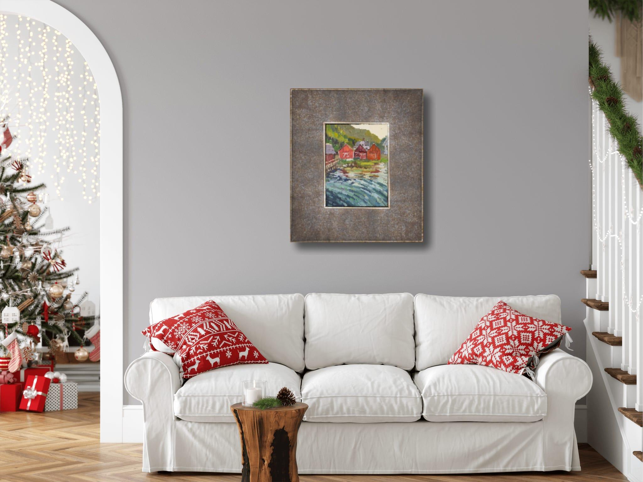 Capannoni per pescatori. Norvegia. Impressionismo, rosso, fiordo, acqua, Nature, costa - Landscape Painting Grigio di Anna Shesterikova