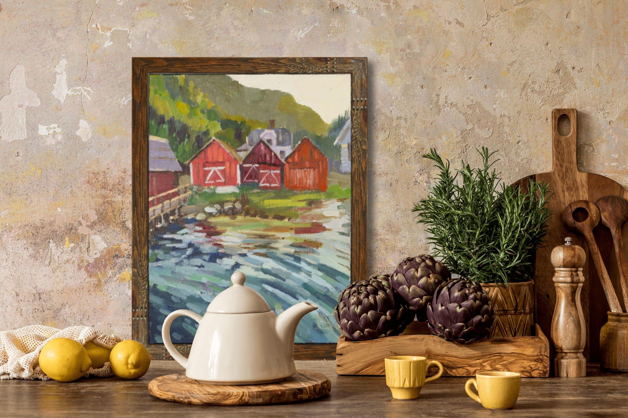 Capannoni per pescatori. Norvegia. Impressionismo, rosso, fiordo, acqua, Nature, costa in vendita 2