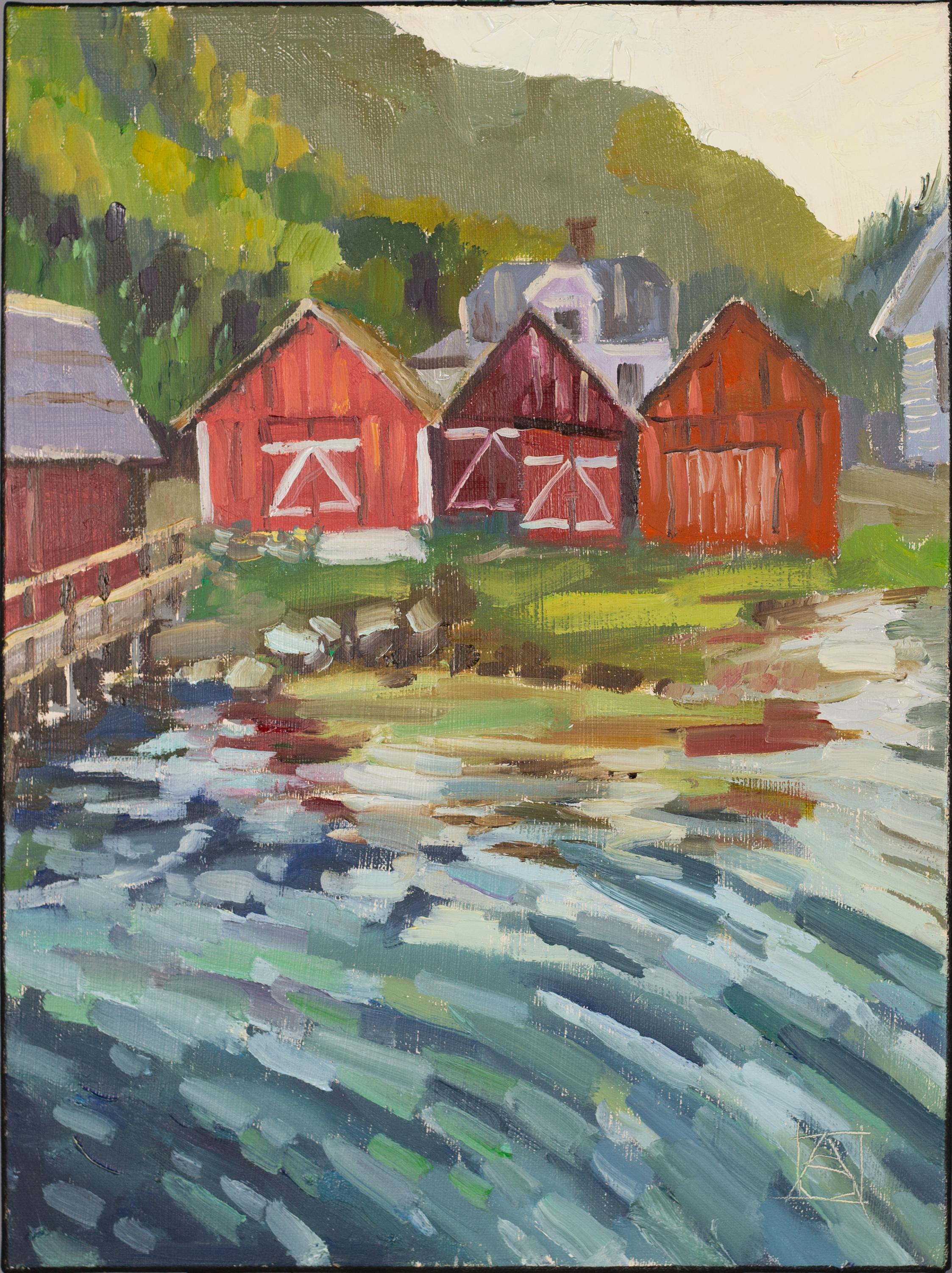 Anna Shesterikova Landscape Painting - Fishermen's Sheds. Norway. Impressionism, red, fjord, water, nature, coast