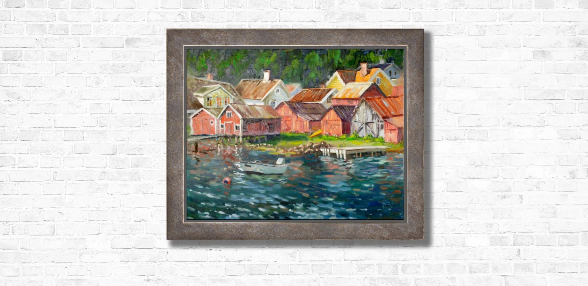 Fishing Village in Norway - Painting by Anna Shesterikova