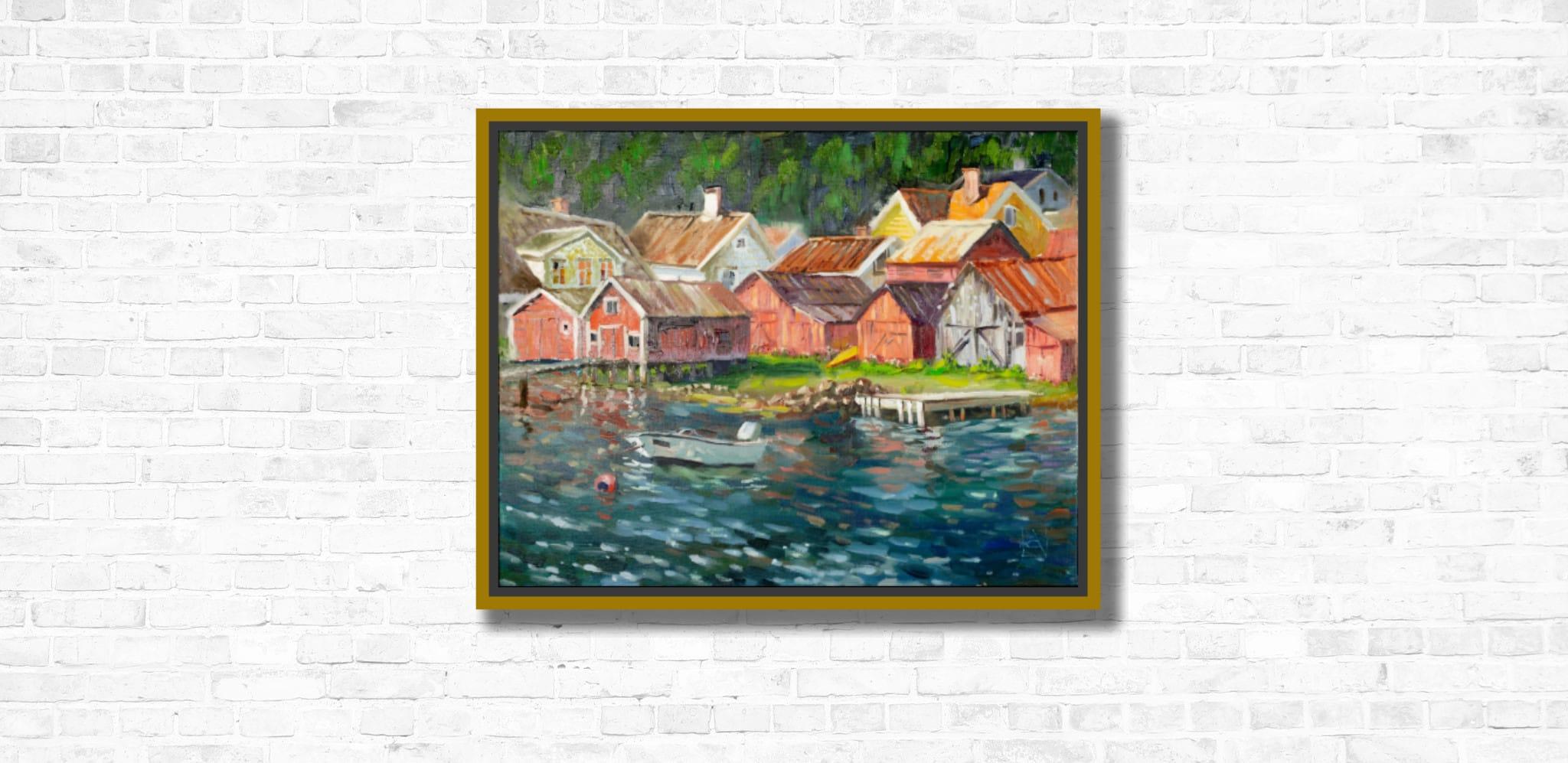 Fishing Village in Norway - Post-Impressionist Painting by Anna Shesterikova