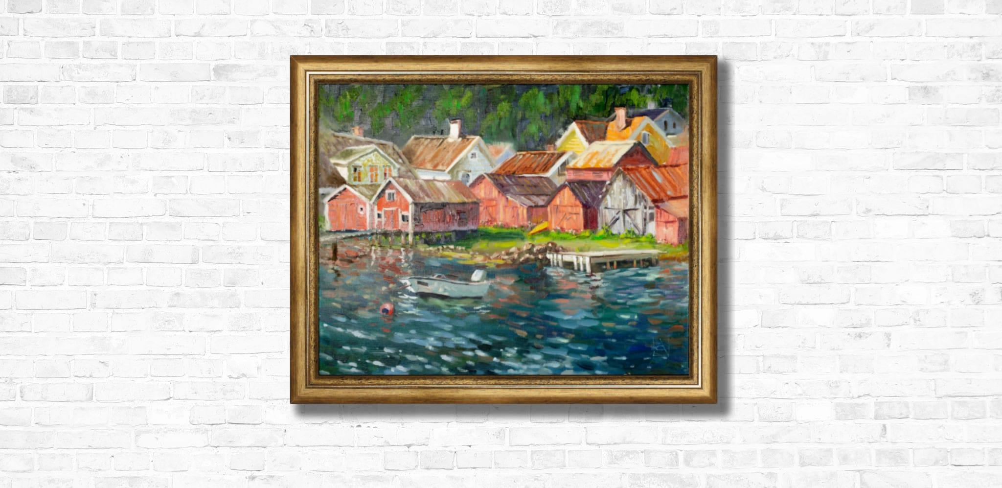Fishing Village in Norway - Gray Landscape Painting by Anna Shesterikova