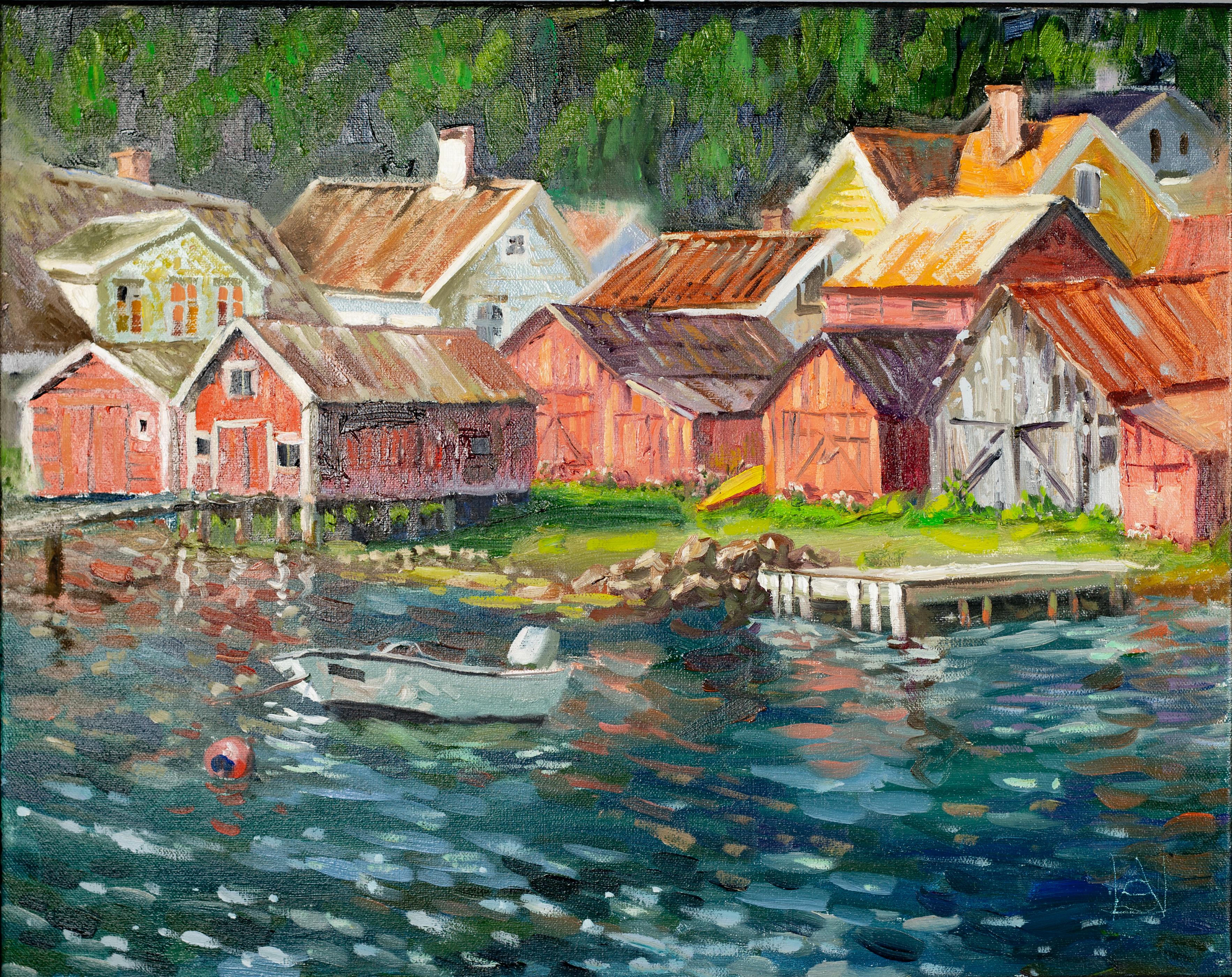 Anna Shesterikova Landscape Painting - Fishing Village in Norway