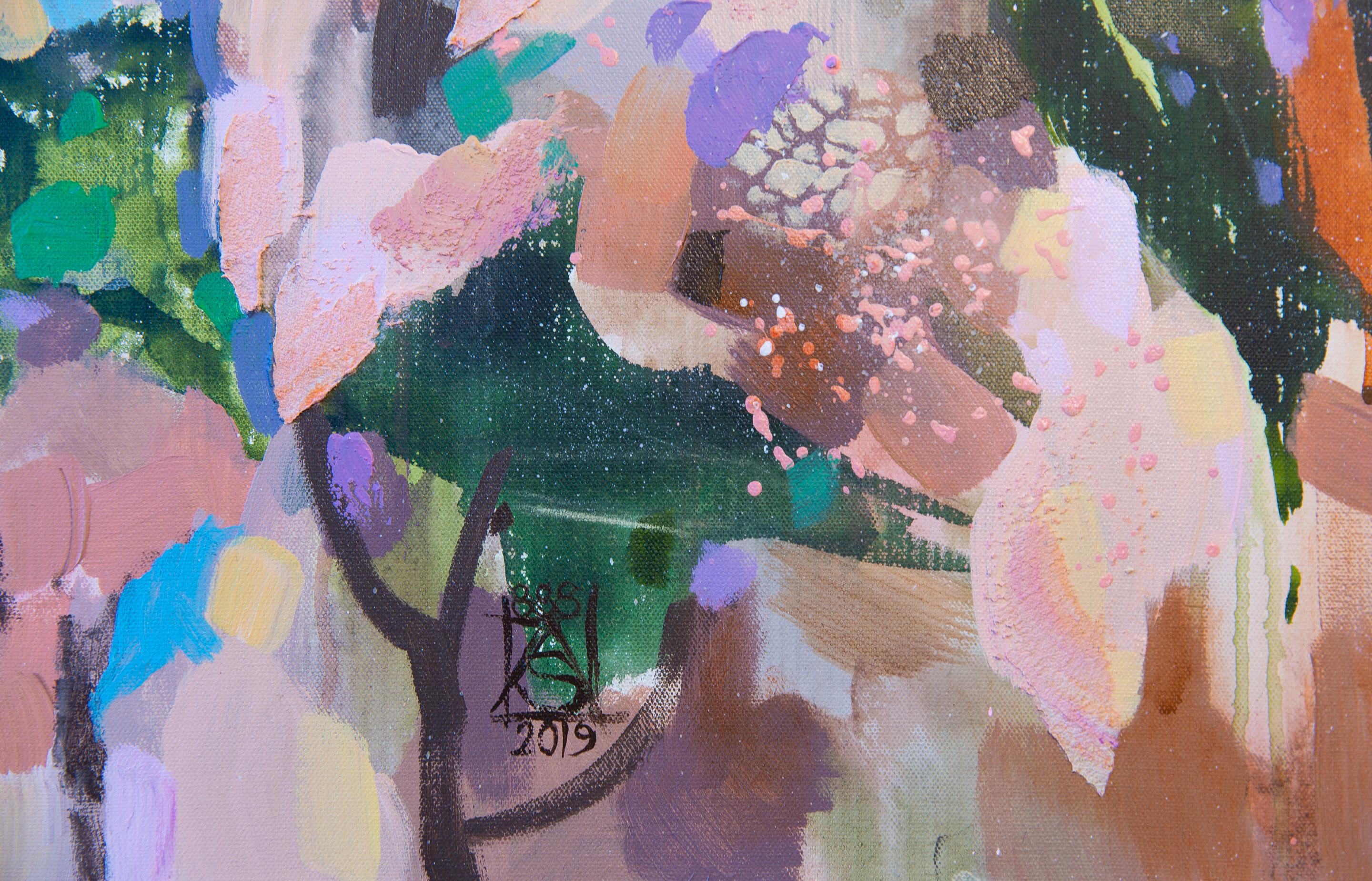 Das Gemälde wurde 2019 nach einer Reise auf die Insel Brissago in der italienischen Schweiz gemalt. Brissago ist eine kleine Insel im Lago Maggiore, die voller Blumen ist. Inspiriert von der Blüte der Rhododendren habe ich dieses interessante, halb