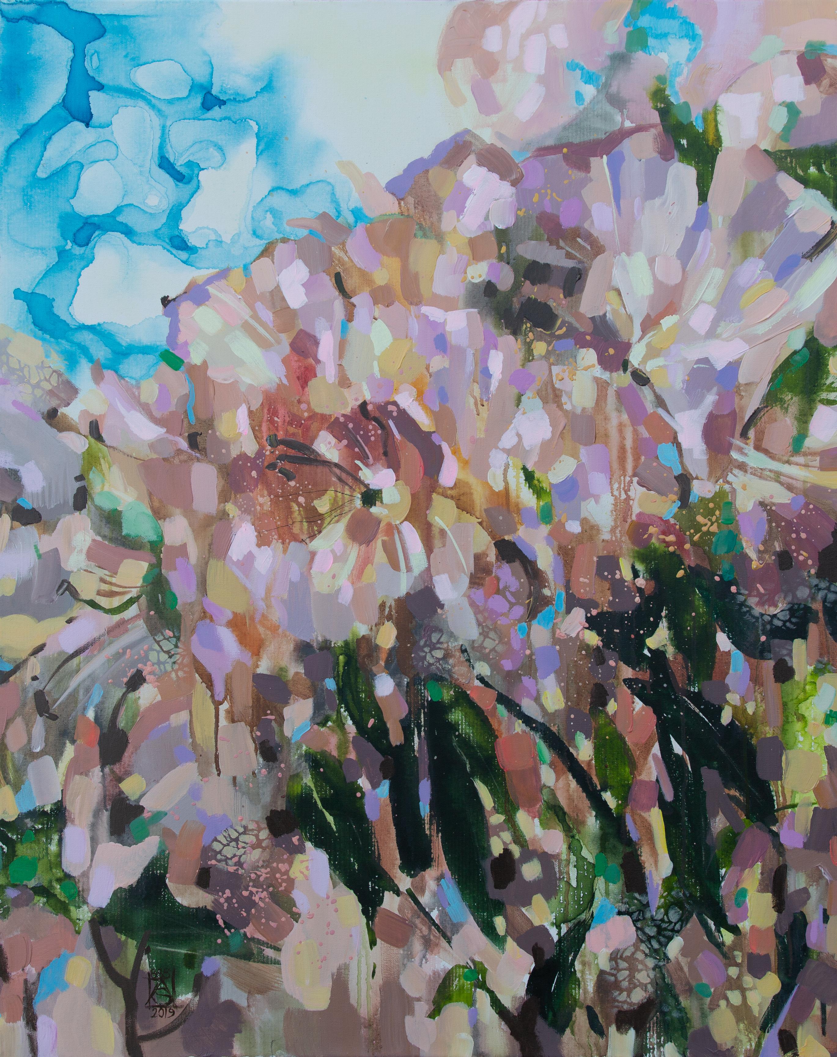 Anna Shesterikova Abstract Painting - Flower Fantasy. Vertical, expressionism, Japandi, Wabi-Sabi, Shabby Chic