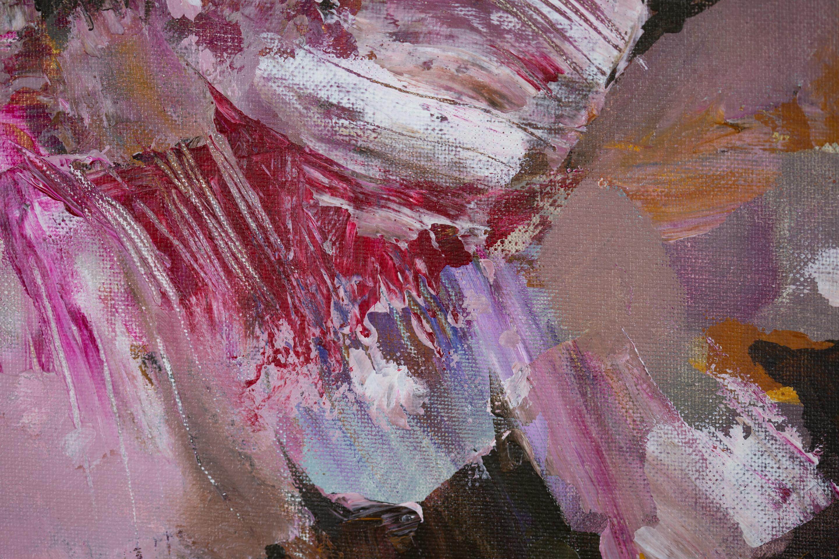 Flowers in the Black Vase. Acrylic painting, square, floral, black, pink, gold For Sale 5
