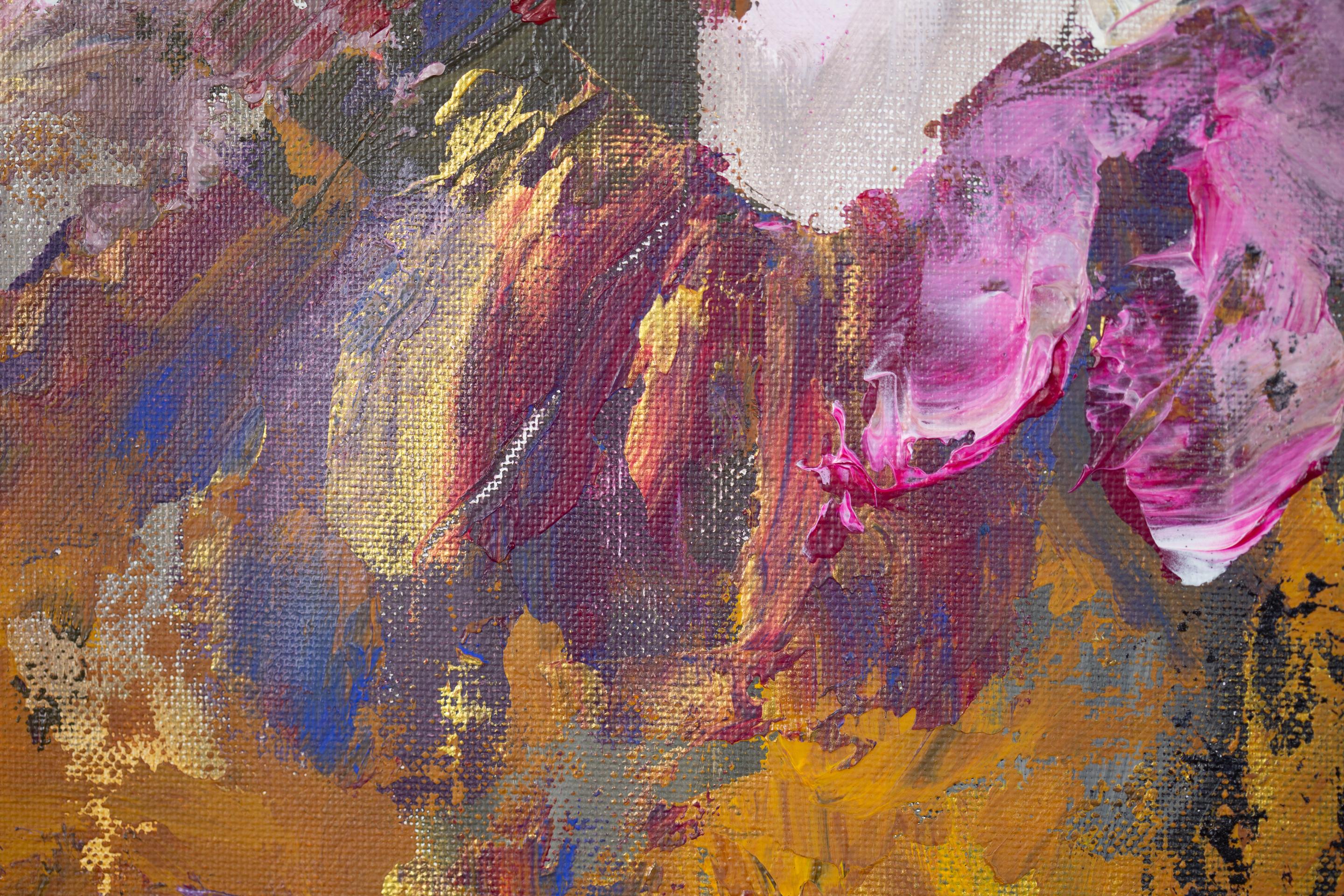Flowers in the Black Vase. Acrylic painting, square, floral, black, pink, gold For Sale 6