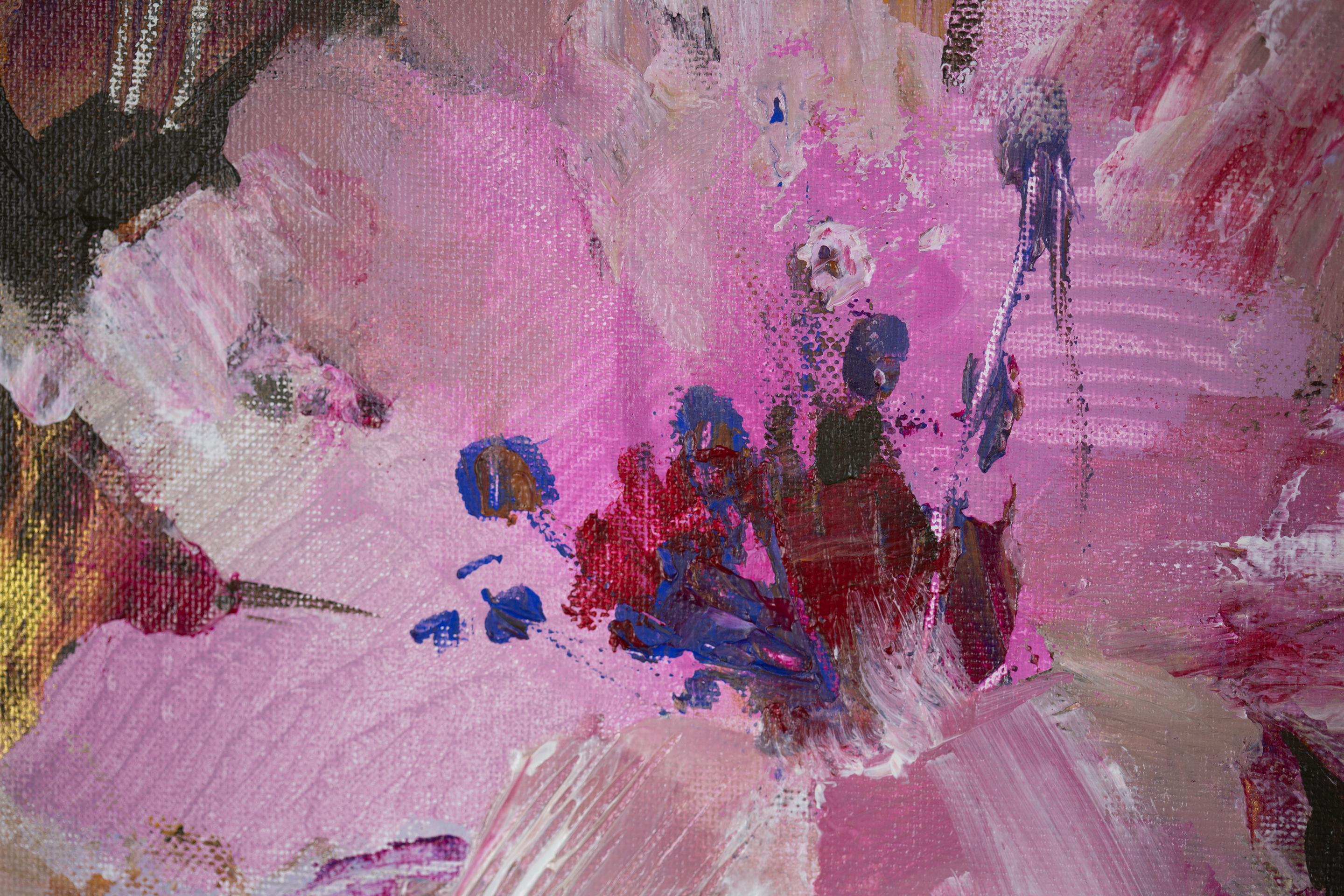 Flowers in the Black Vase. Acrylic painting, square, floral, black, pink, gold For Sale 7