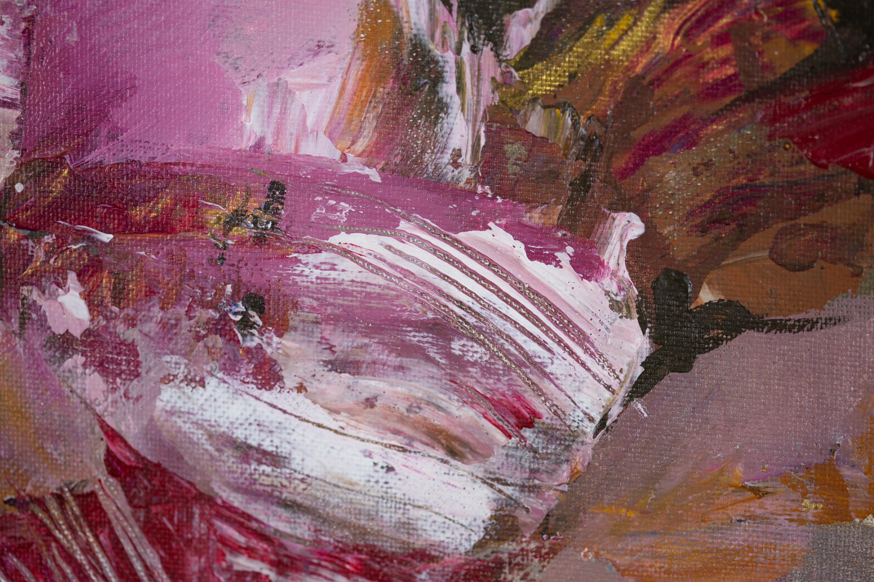 Flowers in the Black Vase. Acrylic painting, square, floral, black, pink, gold For Sale 8