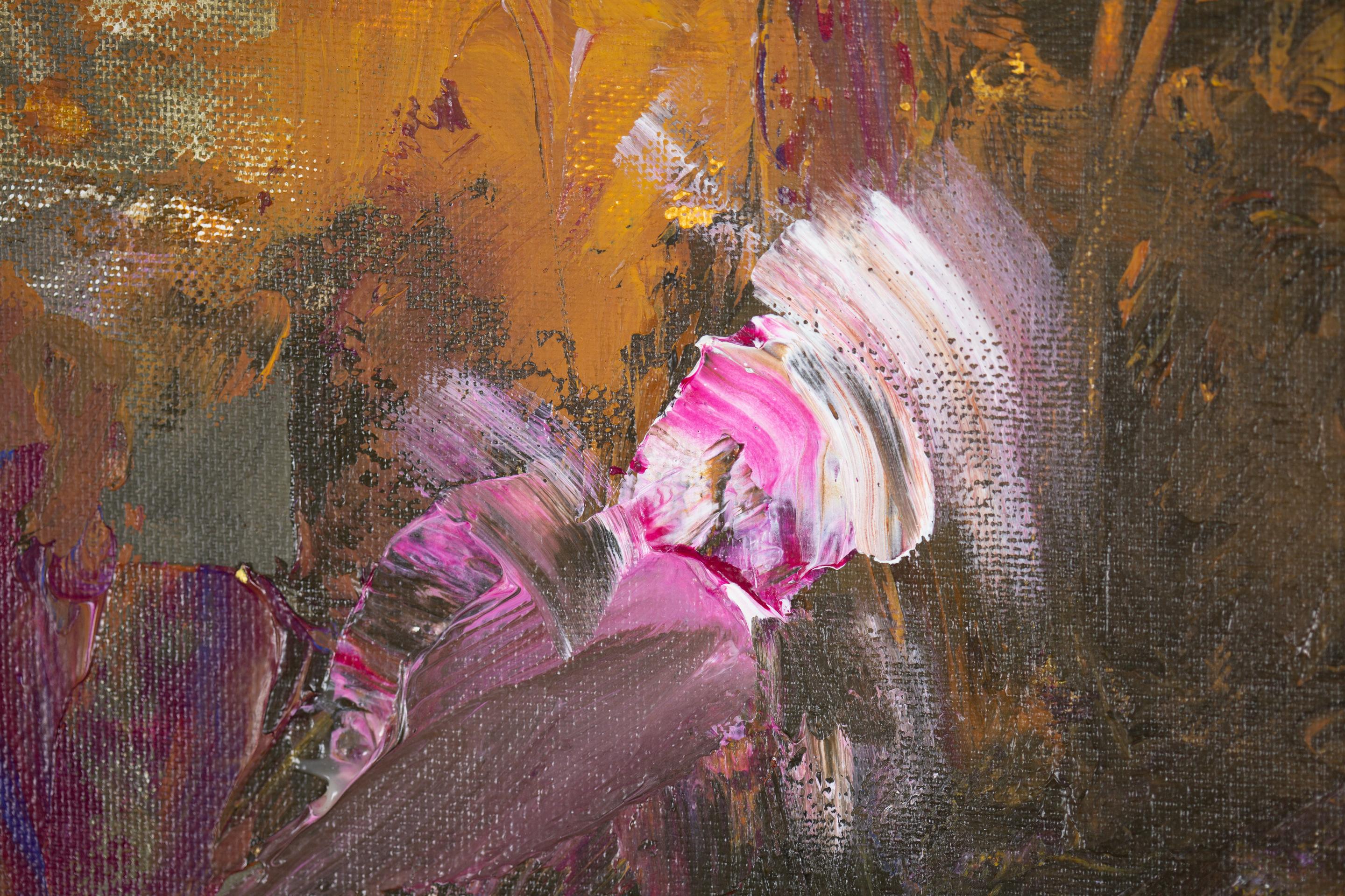 Flowers in the Black Vase. Acrylic painting, square, floral, black, pink, gold For Sale 9
