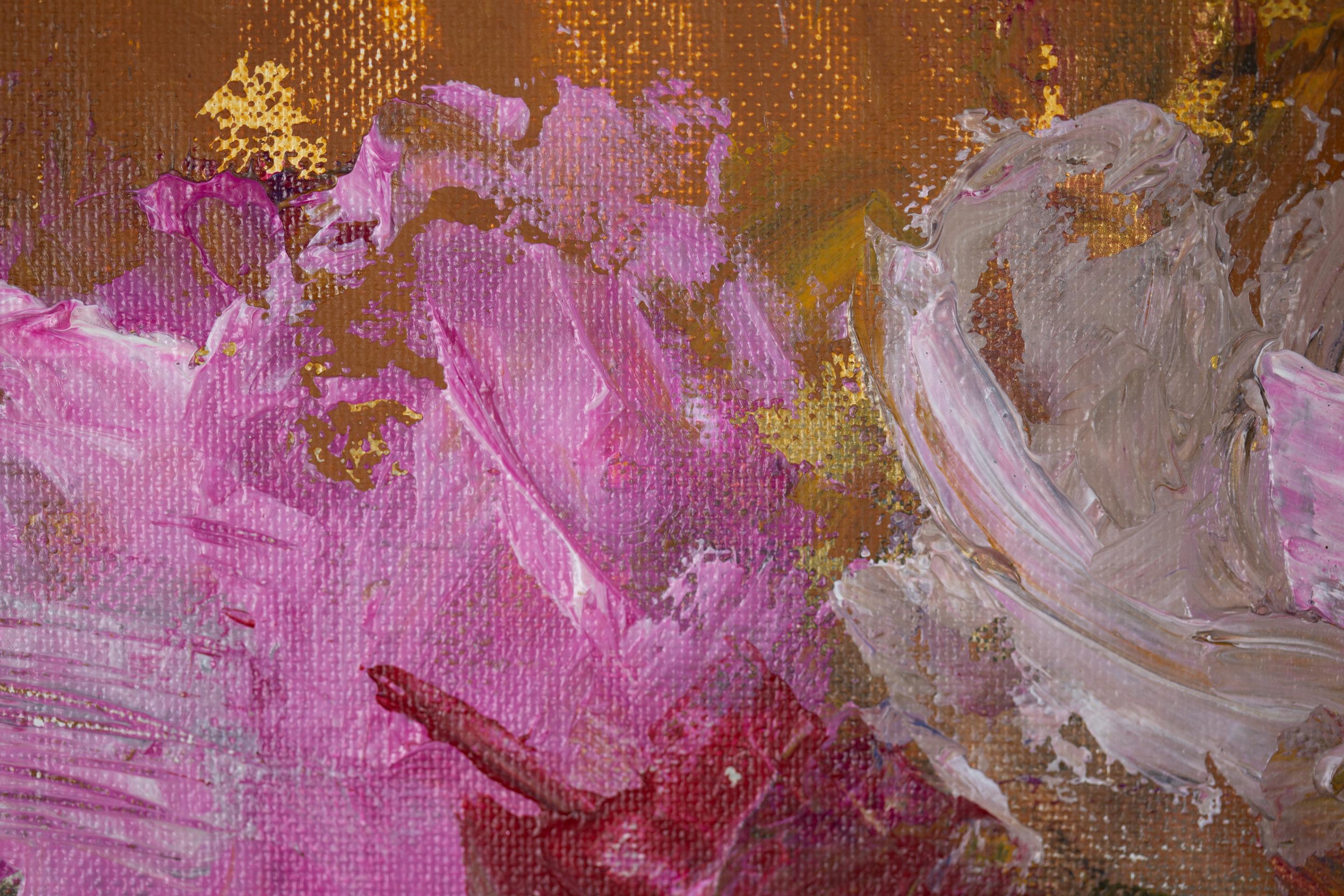 Flowers in the Black Vase. Acrylic painting, square, floral, black, pink, gold For Sale 11