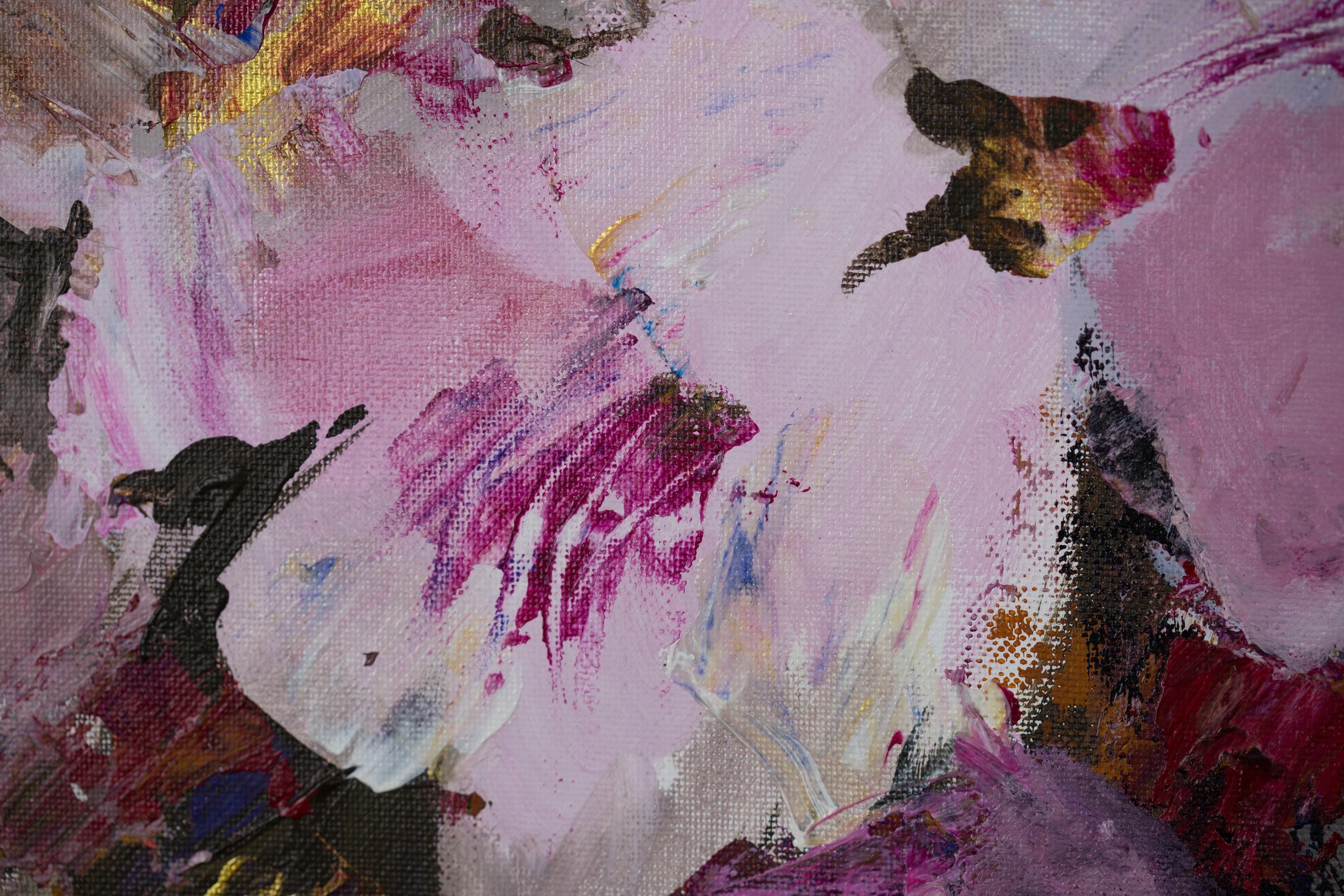 Flowers in the Black Vase. Acrylic painting, square, floral, black, pink, gold For Sale 1