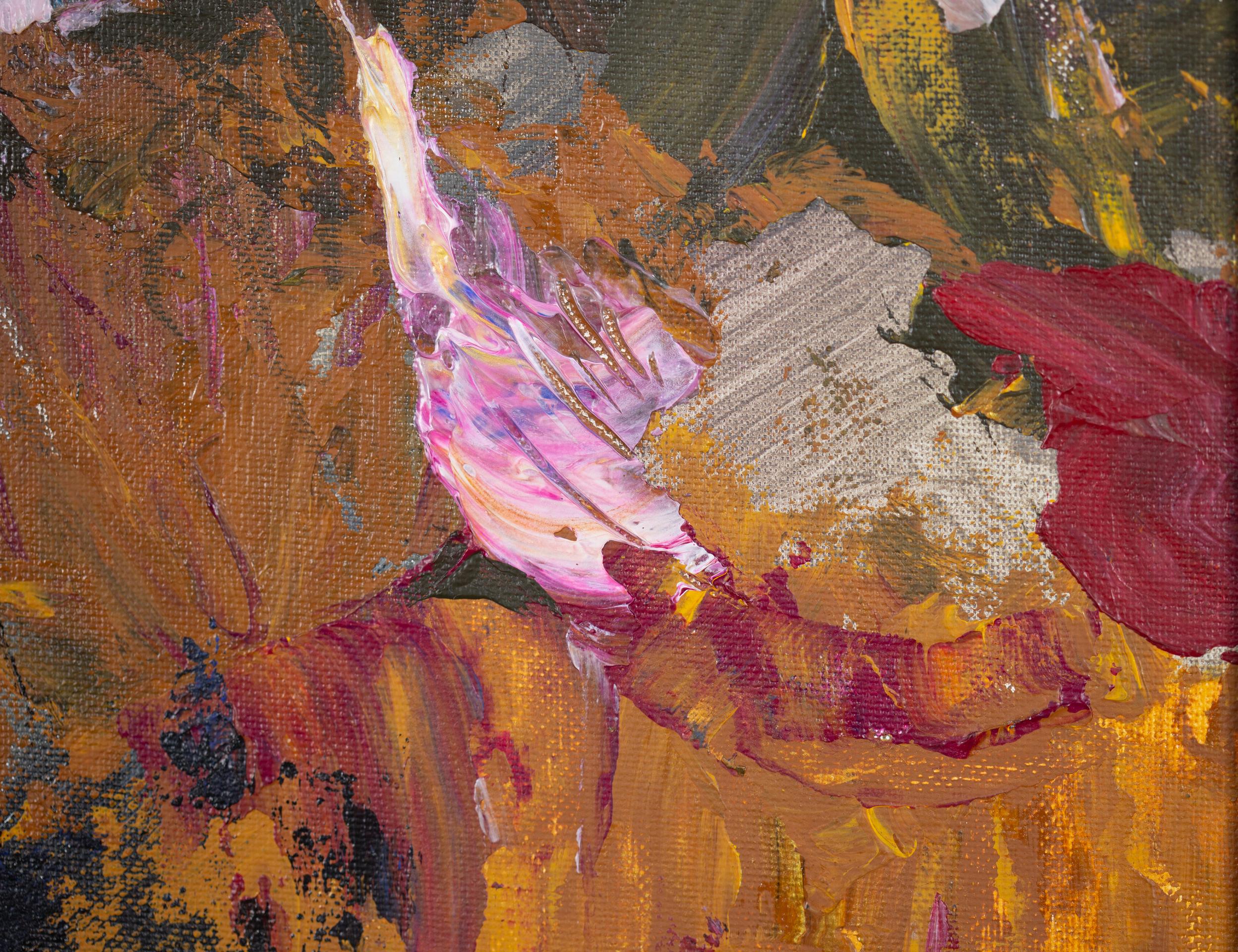 Flowers in the Black Vase. Acrylic painting, square, floral, black, pink, gold For Sale 2