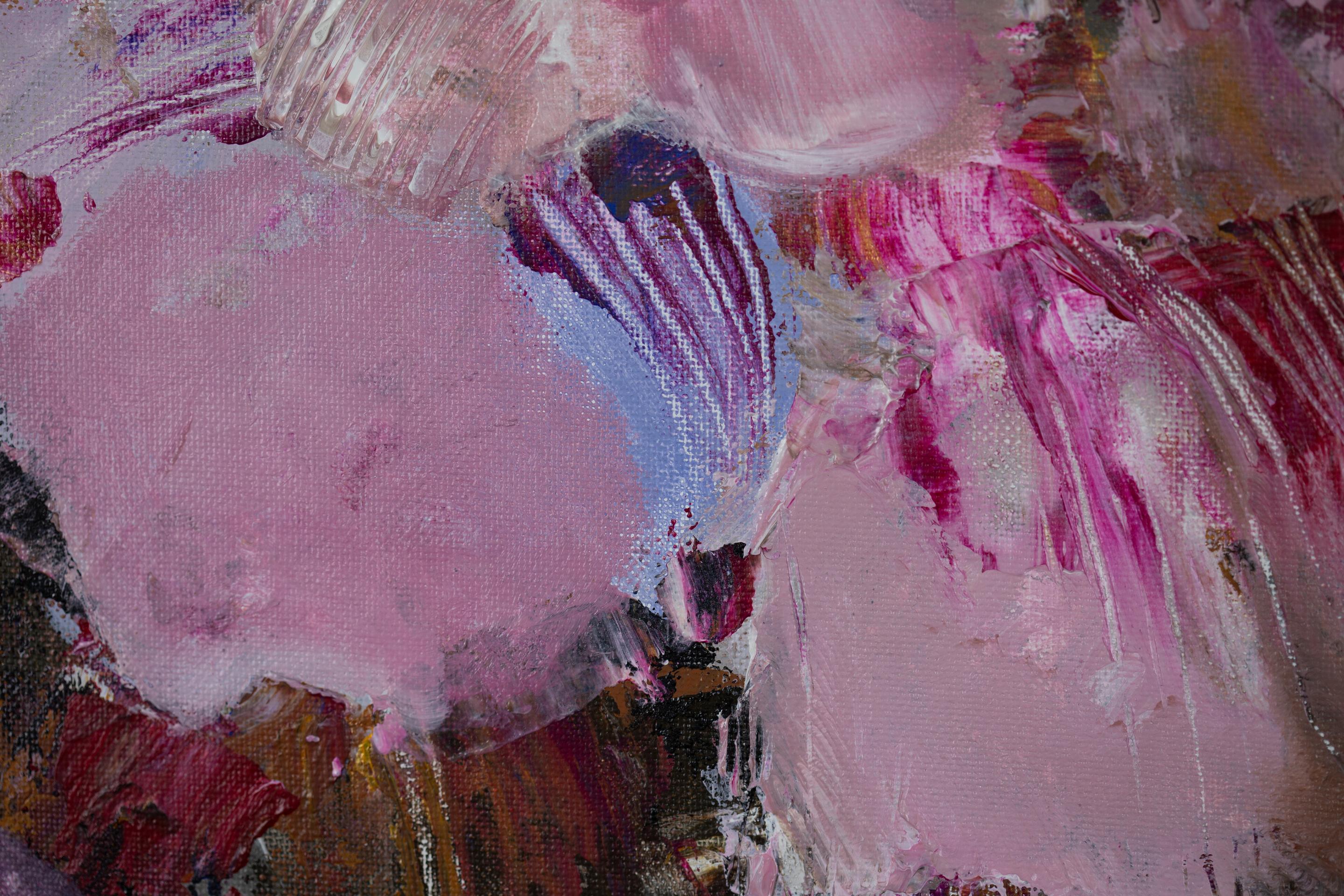 Flowers in the Black Vase. Acrylic painting, square, floral, black, pink, gold For Sale 3