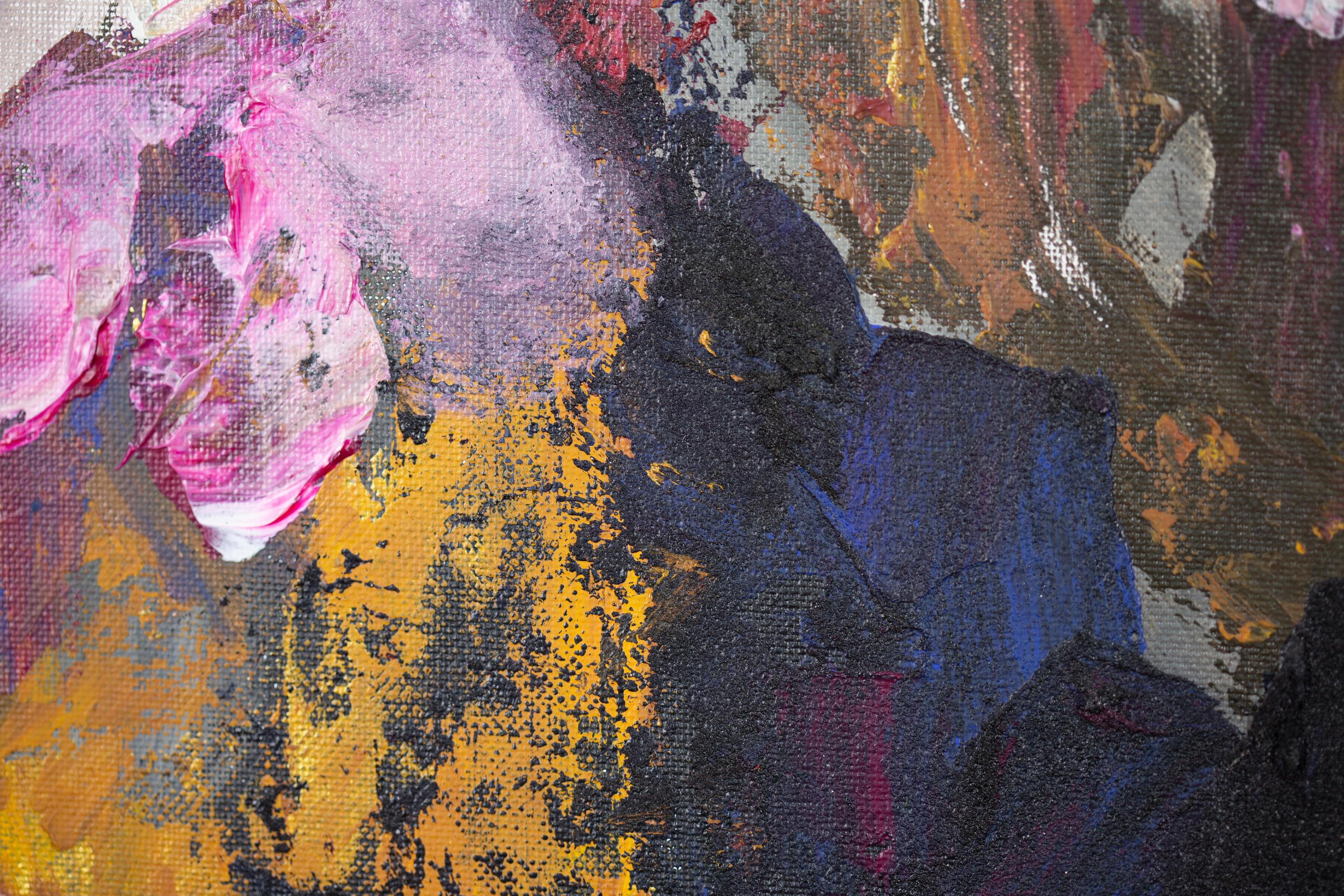 Flowers in the Black Vase. Acrylic painting, square, floral, black, pink, gold For Sale 4