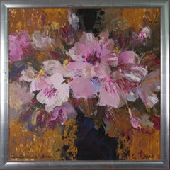 Fiori nel vaso nero. Pittura acrilica, quadrato, floreale, nero, rosa, oro