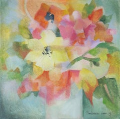 Flowers in White Vase. Floral painting, flower bouquet, japandi wall art