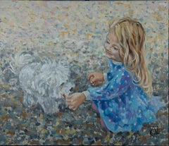 Friends. Children and animals, postimpressionism, figurative, oil painting.