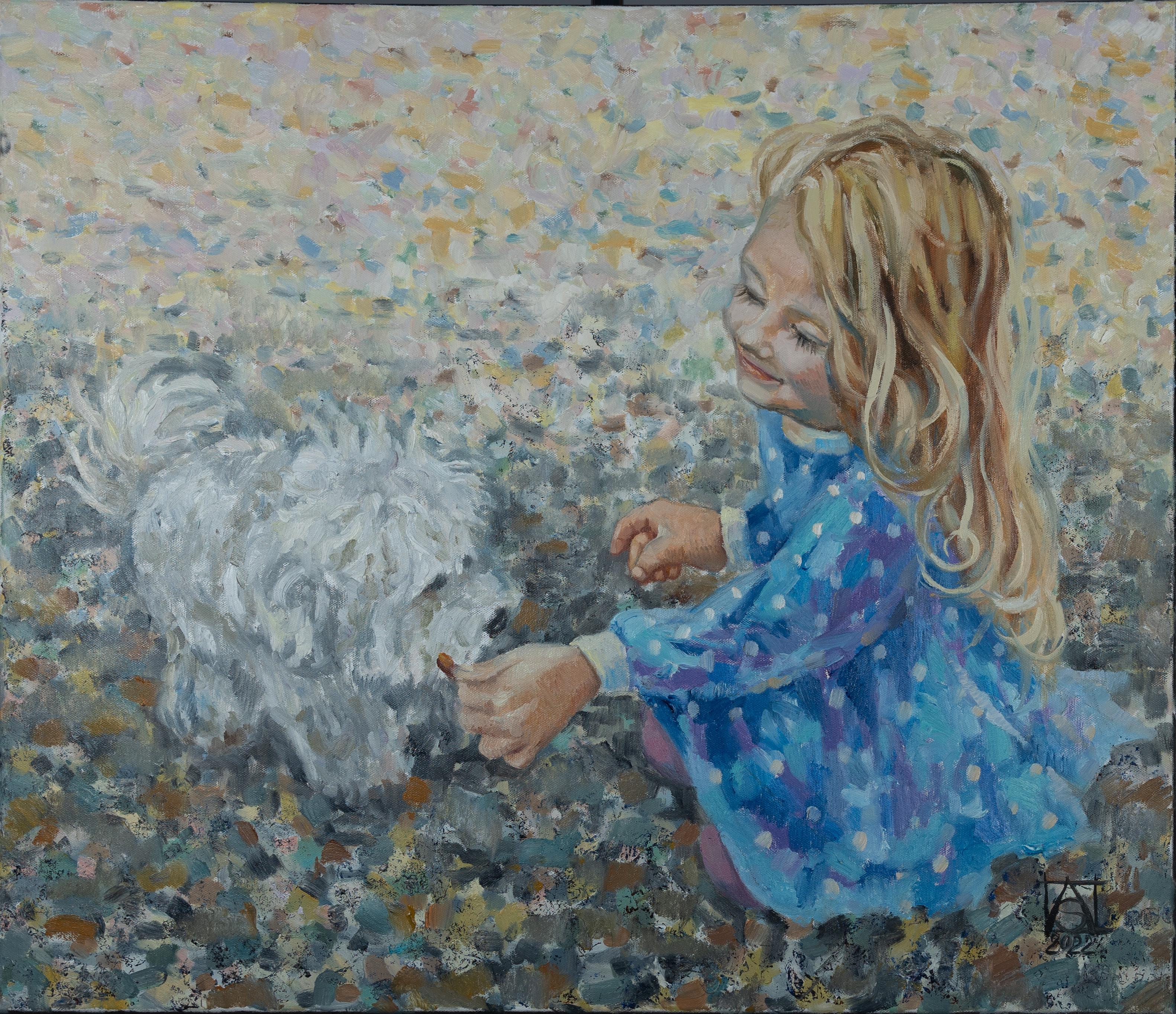 Friends. Children, animals, figurative oil painting, girls portrait, dog