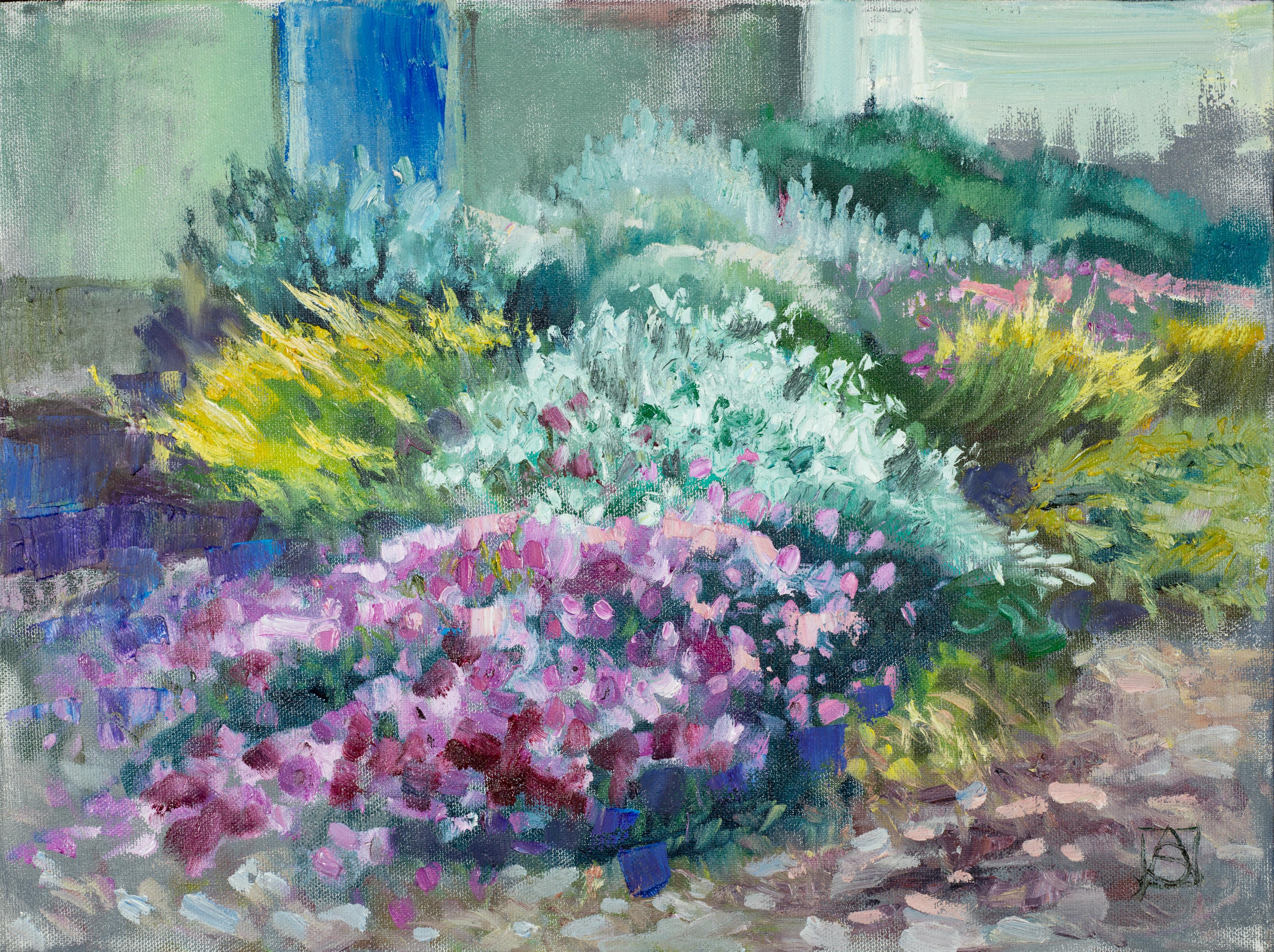 Front Garden With Pink Flowers. Flowers, horizontal, oil, landscape painting