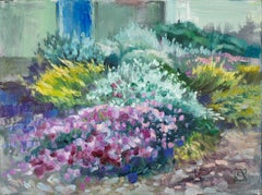 Front Garden With Pink Flowers. Flowers, horizontal, oil, landscape painting