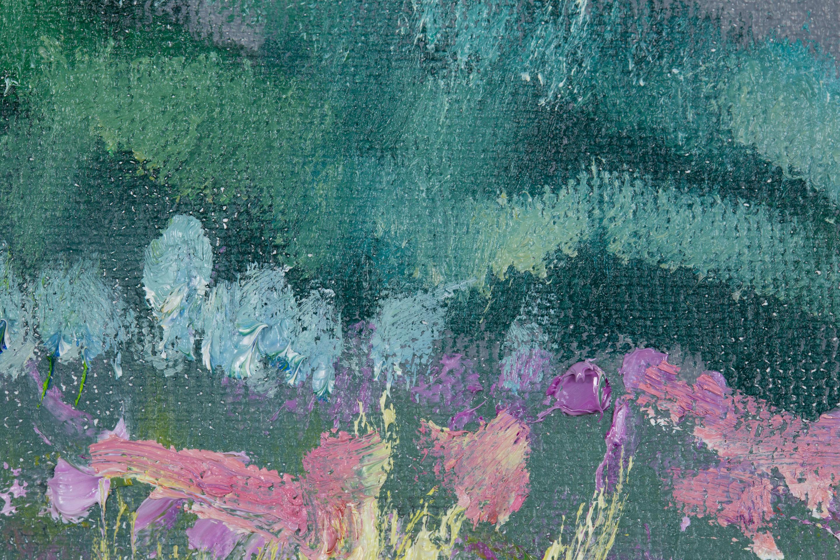 Jardin devant avec fleurs roses Fleurs, horizontale, peinture à l'huile en vente 5