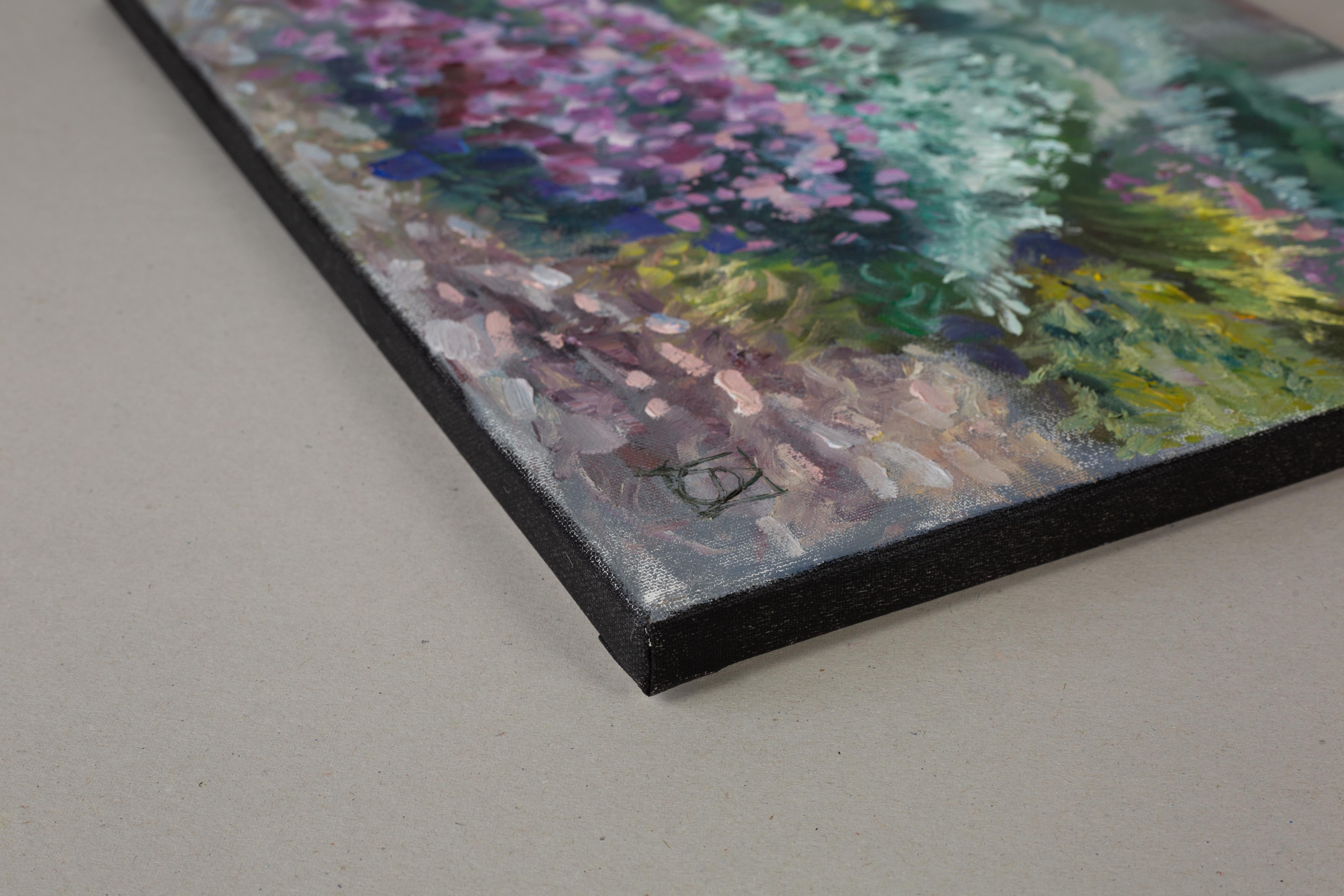Jardin devant avec fleurs roses Fleurs, horizontale, peinture à l'huile - Painting de Anna Shesterikova