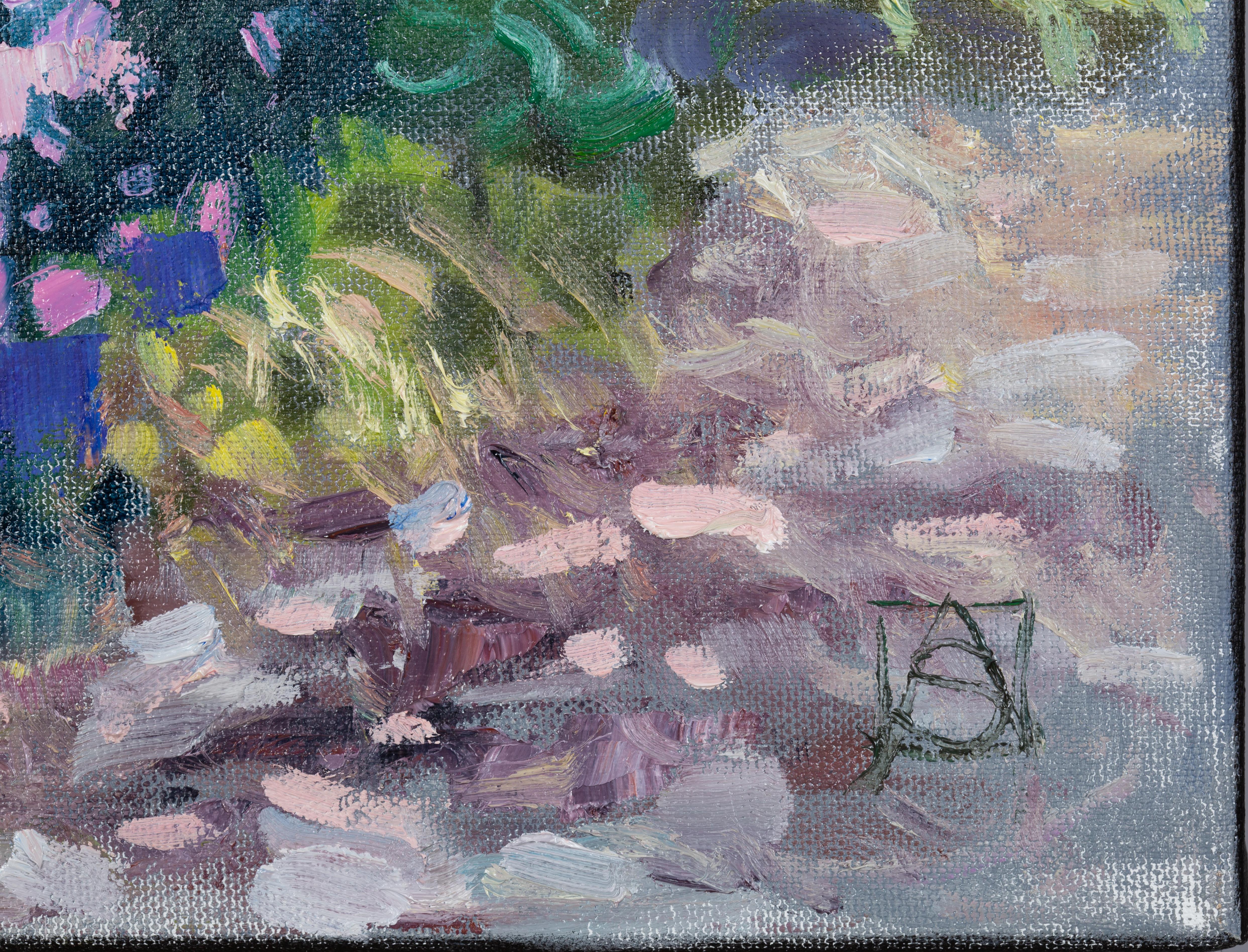 Jardin devant avec fleurs roses Fleurs, horizontale, peinture à l'huile - Gris Landscape Painting par Anna Shesterikova