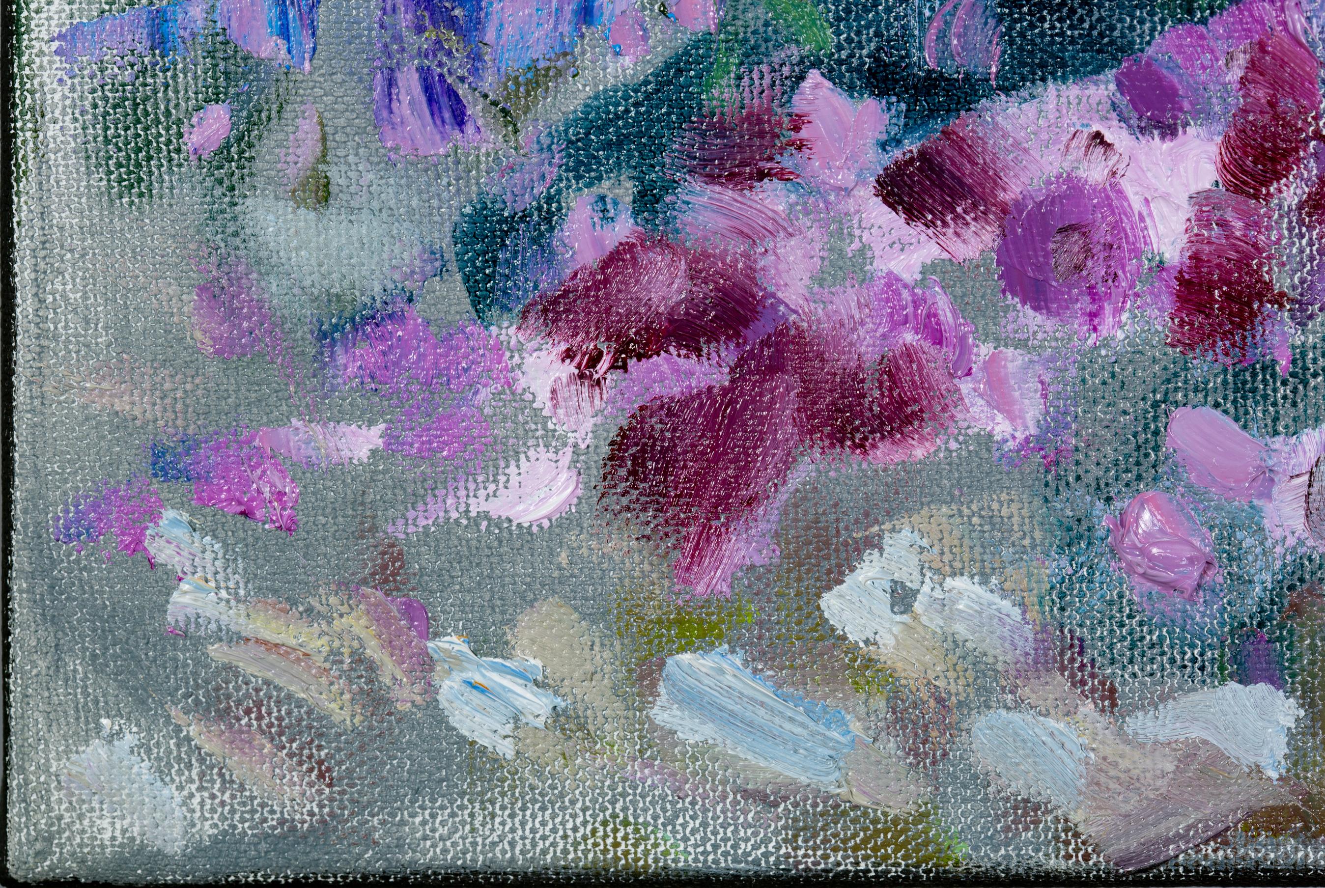 Jardin devant avec fleurs roses Fleurs, horizontale, peinture à l'huile en vente 1