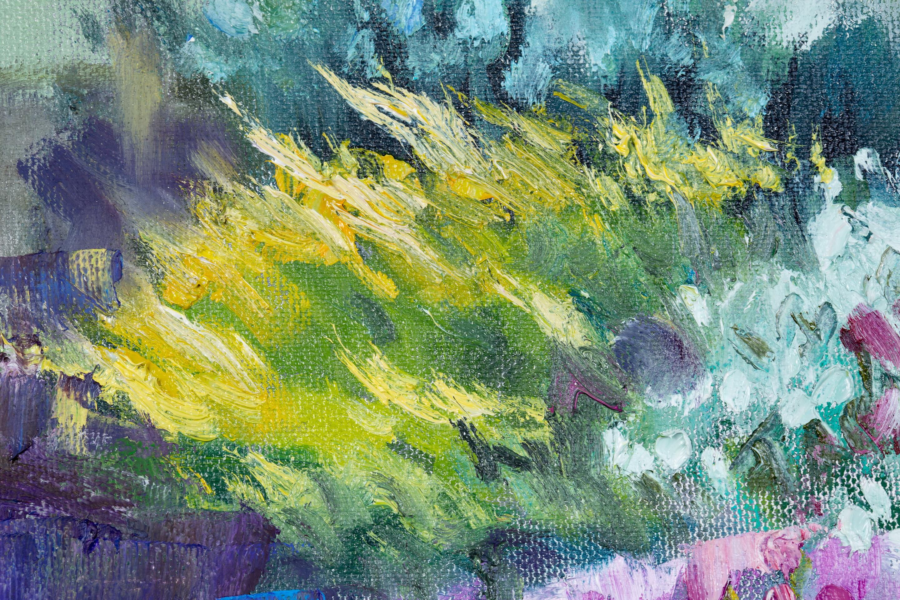Jardin devant avec fleurs roses Fleurs, horizontale, peinture à l'huile en vente 2